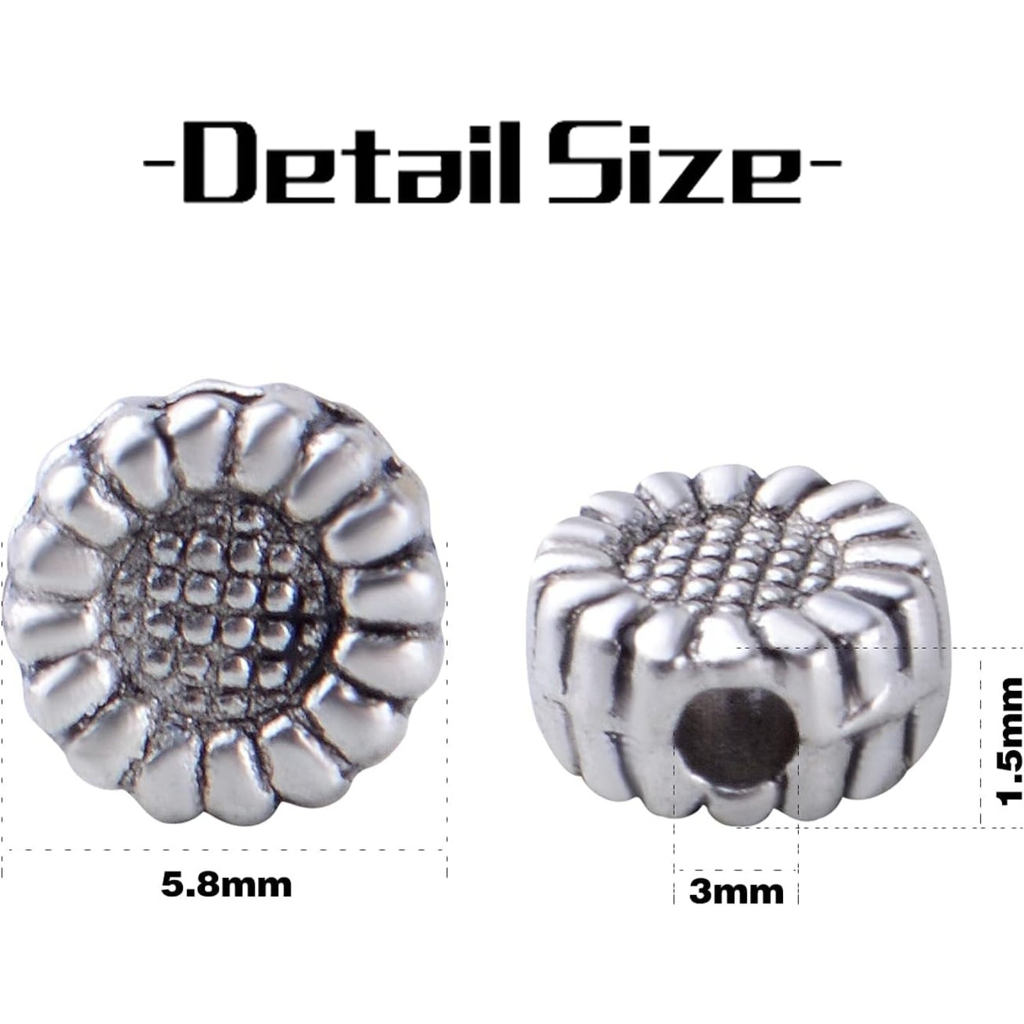 100pcs Antique Silver Sunflower Spacers Beads Tibetan Alloy Flower Bead Spacer Charm Beads Loose Bead Spacers for DIY Bracelet Necklace Jewelry Crafts Making Accessories