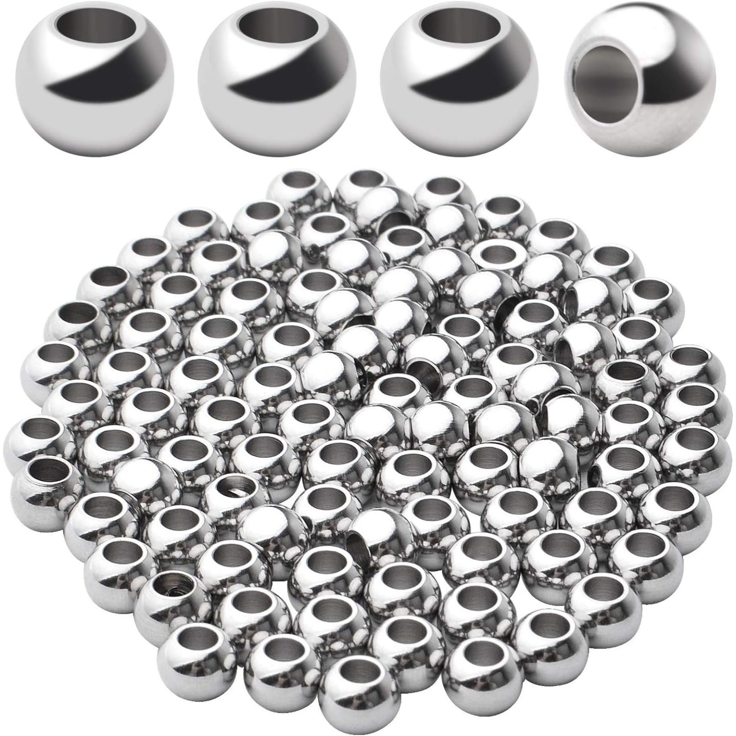 100pcs Smooth Round Spacer Beads 304 Stainless Steel Rondelle Beads Spacers Seamless Loose Beads for DIY Crafts Jewelry Bracelet Necklace Making(6×4mm, Hole:3mm)