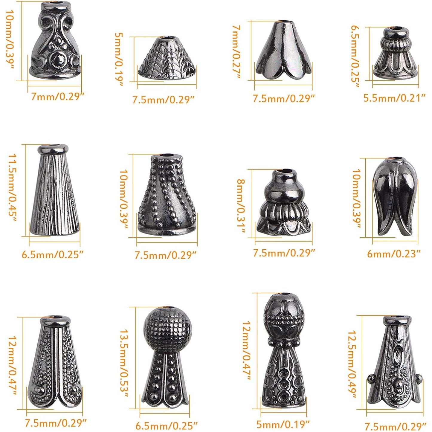 100 Gram (About 110-150pcs) Assorted Styles Cone Bead Caps Tibetan Alloy Flower Spacer Bead Caps Tassel End Caps for DIY Crafts Jewelry Making Supplies, Gun Black