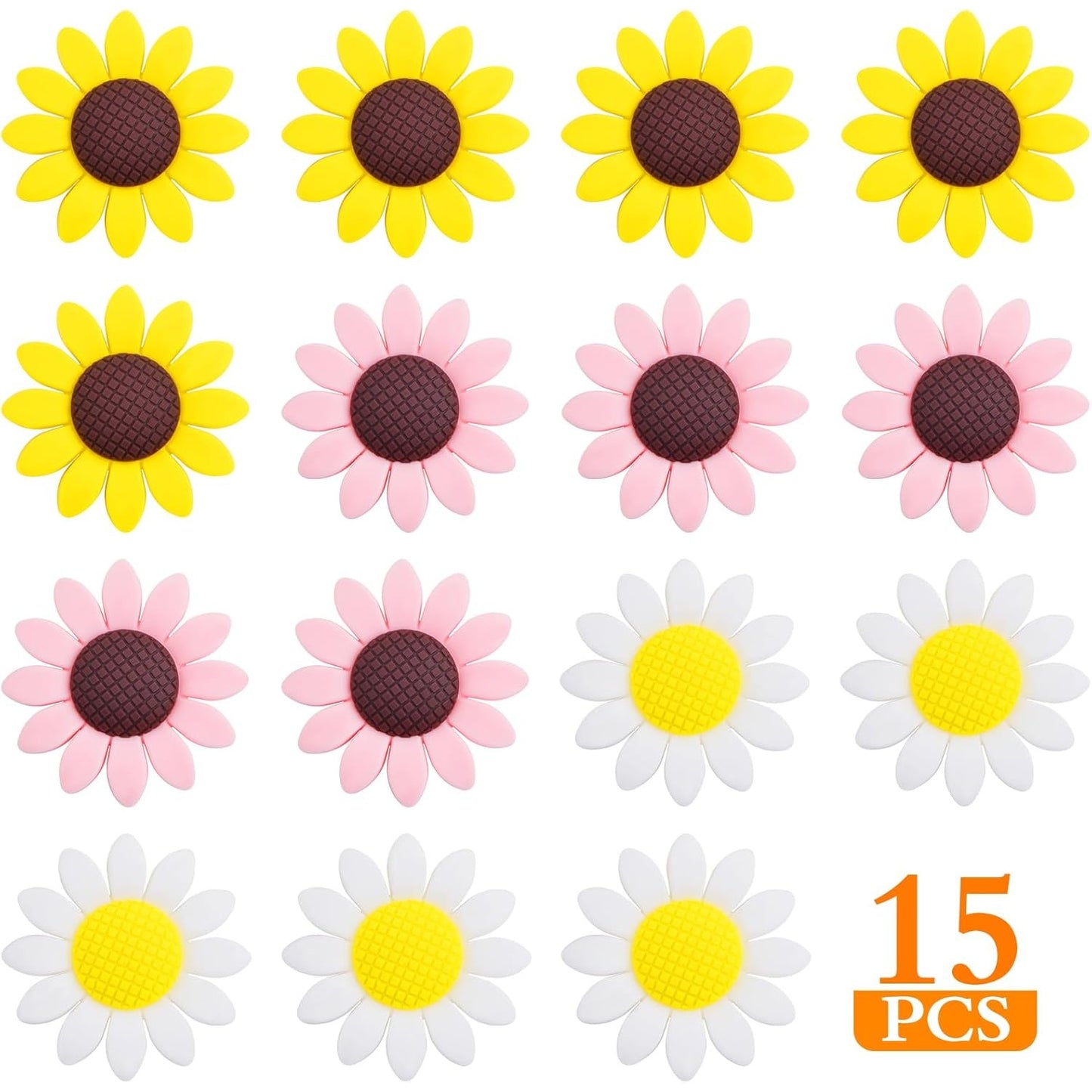 Sunflower Silicone Focal Beads for Pens, 15pcs 40 mm Flat Round Daisy Flower Shape Silicone Spacer Beads Bulk for DIY Keychains Lanyards Garlands Bracelet Crafts Jewelry Making, 3 Colors