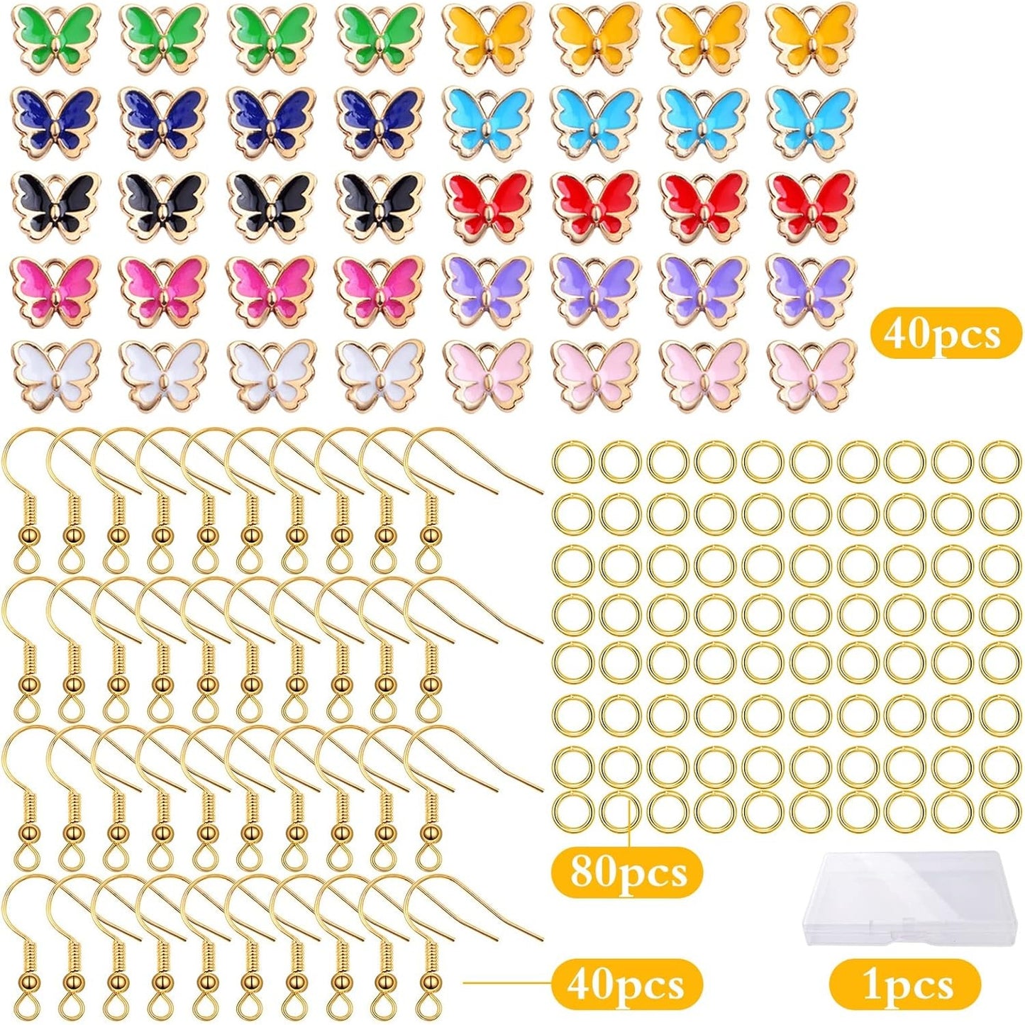40pcs 10 Colors Enamel Butterfly Charm Pendants and 40pcs Golden Plated Earring Hooks with 80pcs Open Jump Rings, A Plastic Box for DIY Jewelry Making Handmade Supplies