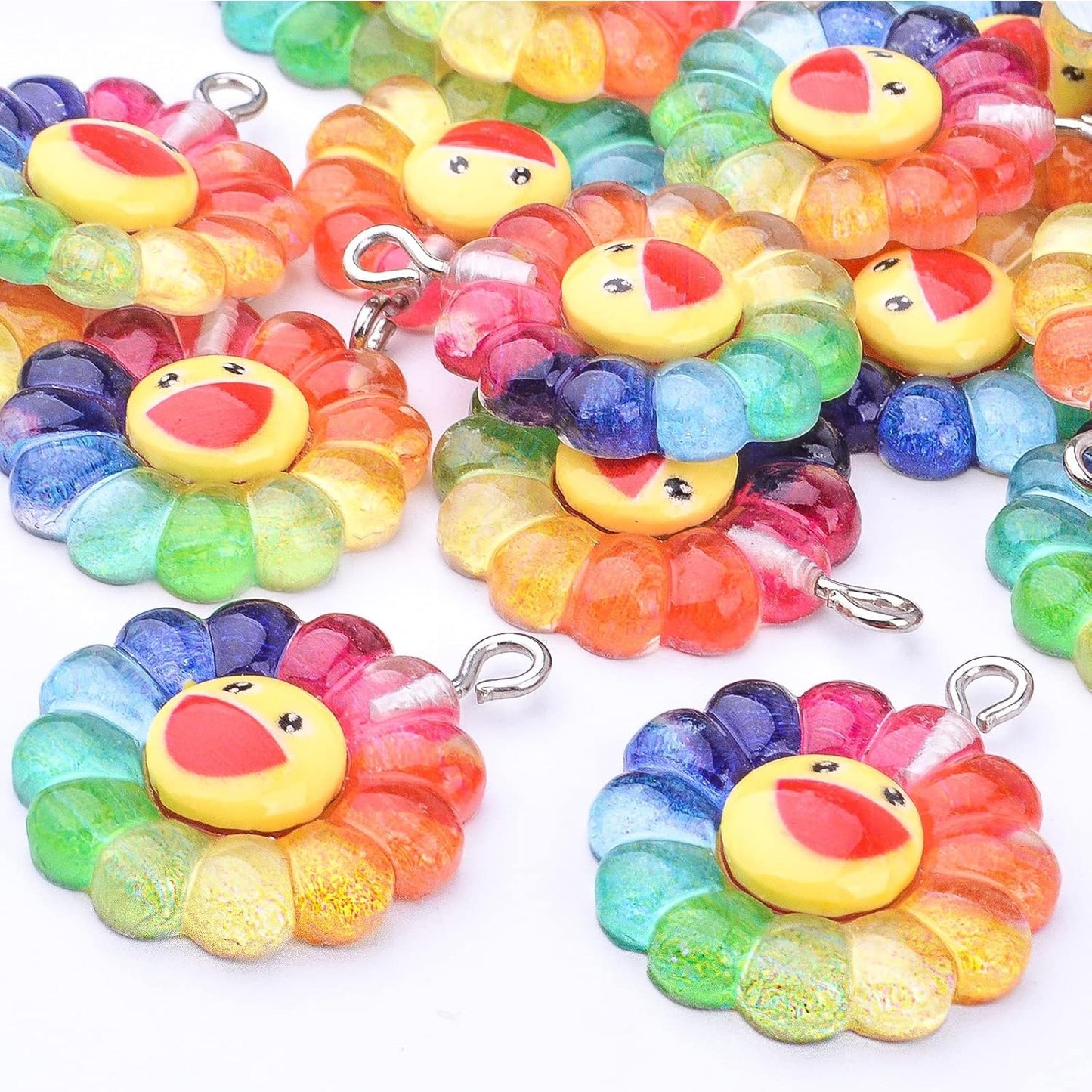 20pcs Smiley Face Sunflower Charms Pendants Resin Rainbow Flower Charms Jewelry Making Accessories for DIY Earrings Necklace Bracelet Keychains Craft Supplies, 28 mm x 22 mm