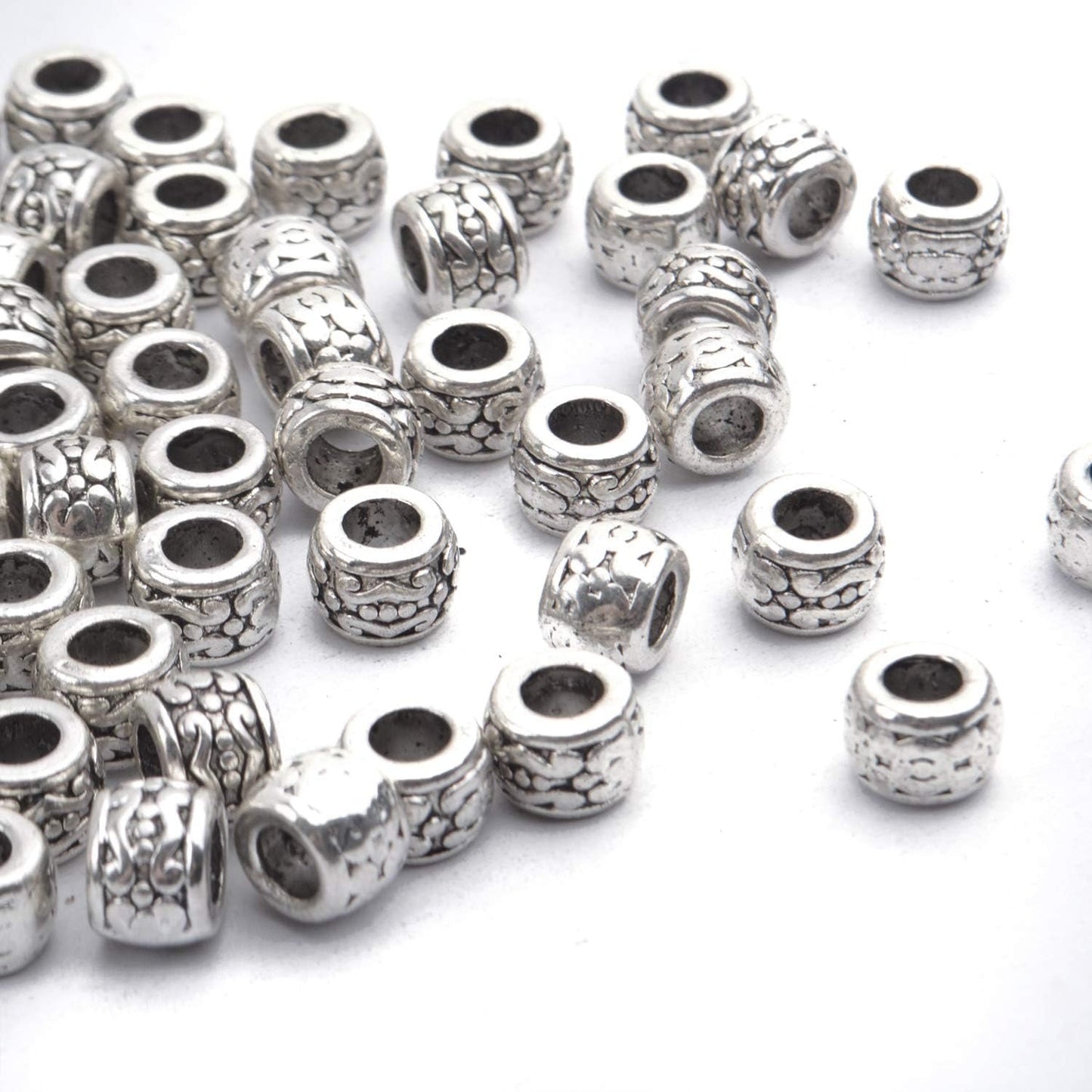 BronaGrand 100pcs Tibetan Antique Silver Spacer Beads - Large Hole, Hollow Tube Charms for DIY Necklace & Bracelets
