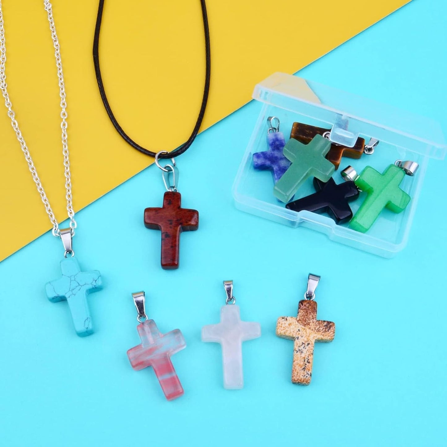 10pcs Natural Stone Cross Pendant Healing Crystal Quartz Stone Charms Chakra Gemstone Pendants with a Box for DIY Necklace Earring Jewelry Making(10 Colors)