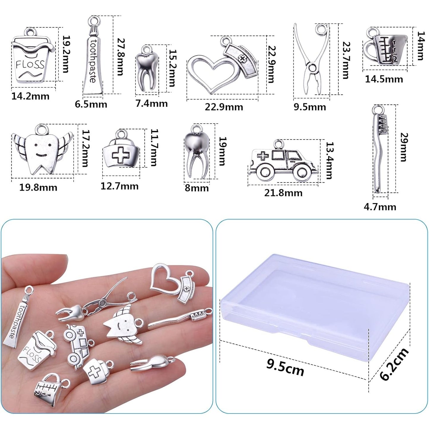 72pcs Antique Silver Healthy Tooth Teeth Charms Dentist Dental Hygienist Pendants with A Box Crafts Supplies for DIY Jewelry Necklace Bracelet Making