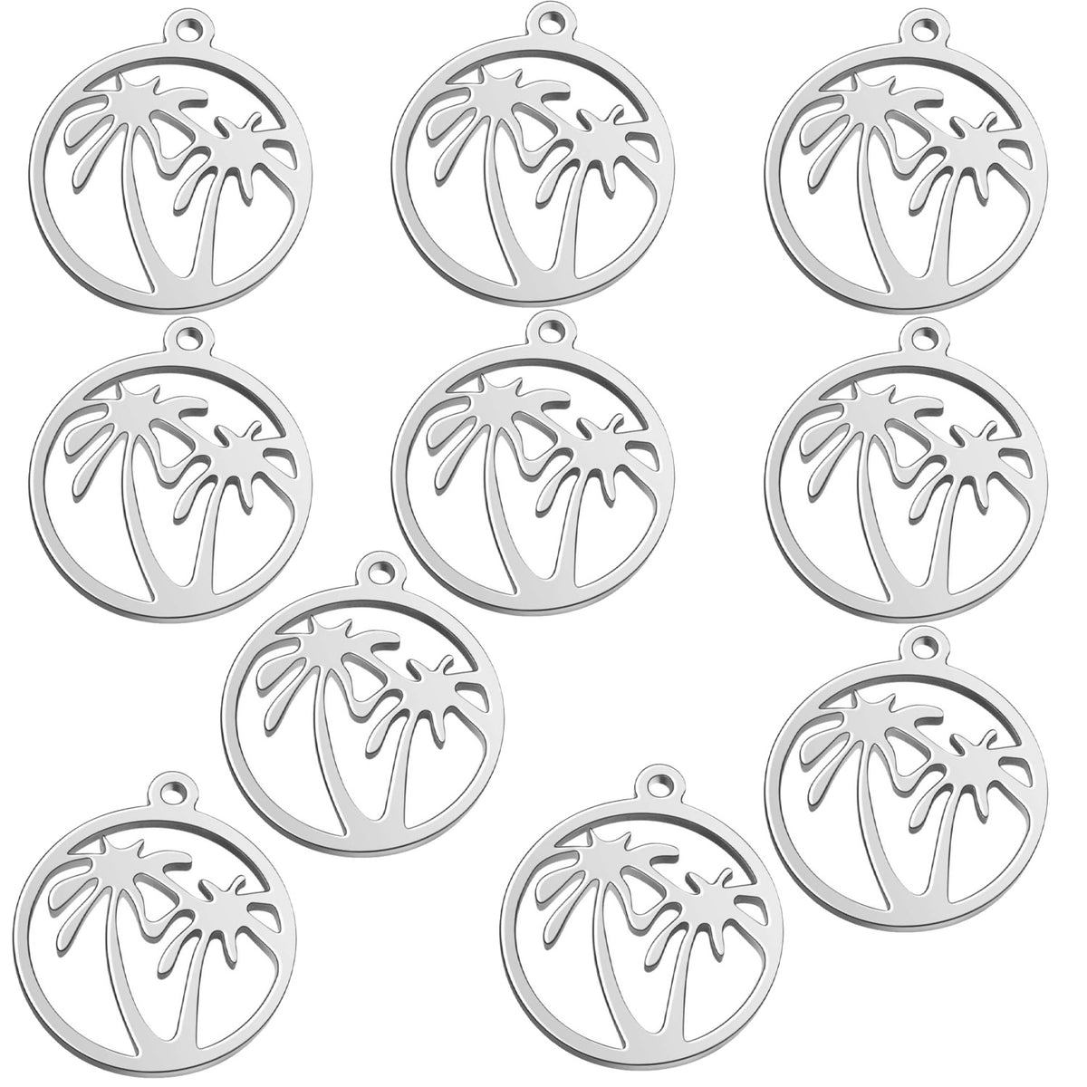 10pcs 2 Colors Stainless Steel Round Ring with Coconut Tree Charms Hypoallergenic Hawaii Tropical Plant Tree Pendants for DIY Necklace Bracelet Keychains Jewelry Making