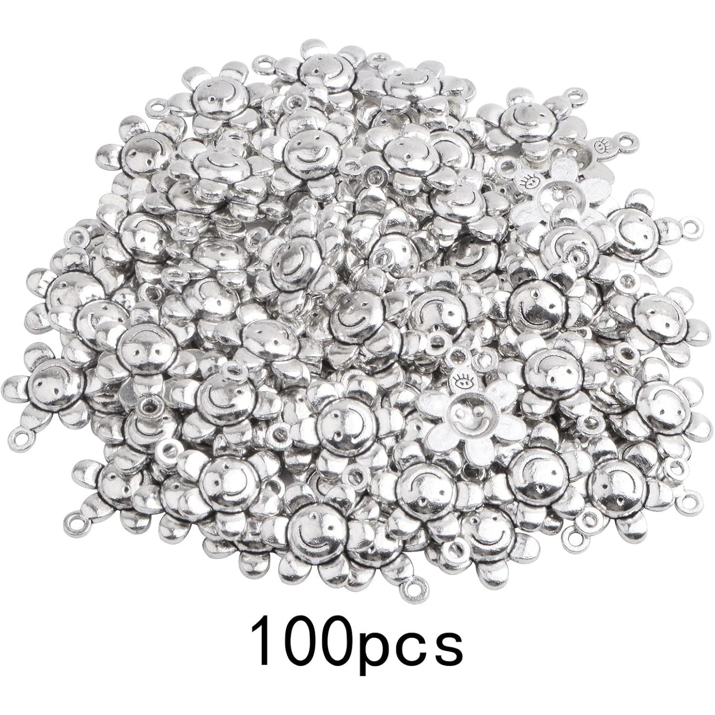 100pcs Antique Silver Smiley Sunflower Charms Alloy Sun Flower Smile Face Dangle Pendants Jewelry Findings Accessories for DIY Bracelet Necklace Earrings Crafts Making