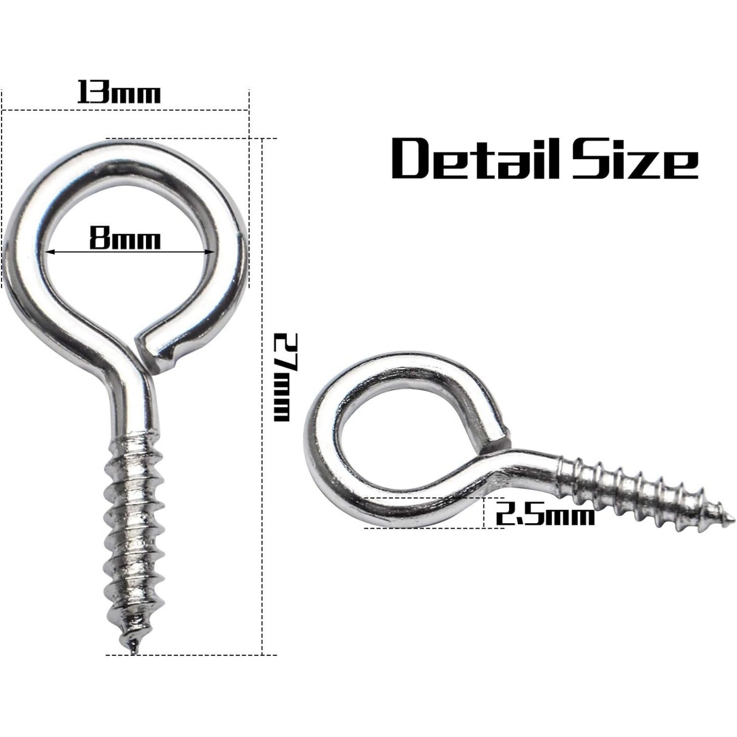 Eye Hooks Screw-in,100pcs Metal Eyes Hooks Eyelets Screw Threaded Self Tapping Eyelet Hooks 27x13mm for Resin Crafts Projects Outdoor Indoor Hanging