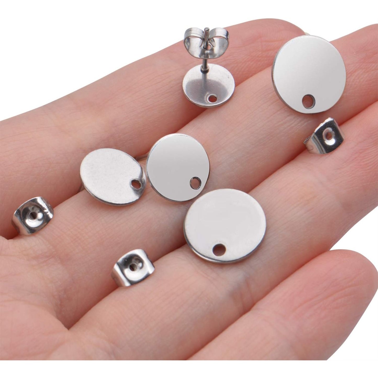 60pcs 8mm/10mm/12mm Stainless Steel Round Earring Studs Blank Earring Posts with Loop and 60pcs Earring Backs for Earring Making,Silver