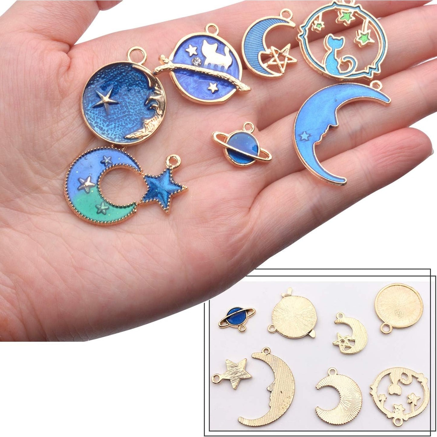 24 Pieces Gold Plated Enamel Charms Pendants, Blue Enamel Moon Star Pendant Crafting Accessories for Making Earrings Necklace DIY, 8 Styles