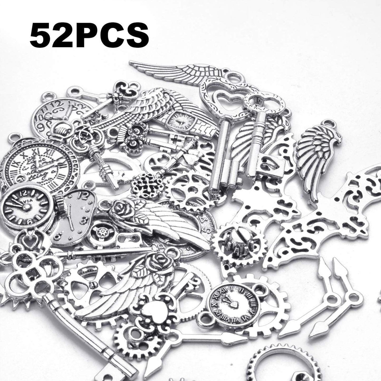 52pcs Tibetan Silver Charms Vintage Clock Gear Wing Key Pendants Jewelry Making Accessories for DIY Crafting Jewellery Making