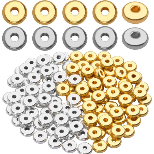 200pcs 8mm Flat Round Rondelle Spacer Beads Disc Spacers Loose Beads Jewelry Metal Spacers for DIY Bracelet Necklace Crafts,Gold and Silver