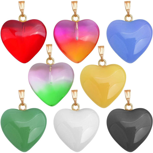 16pcs 8 Colors Heart Charms Transparent Spray Painted Heart Shape Glass Pendants with Golden Plated Metal Pinch Clasps for DIY Necklace Jewelry Making Valentine's Day Gift