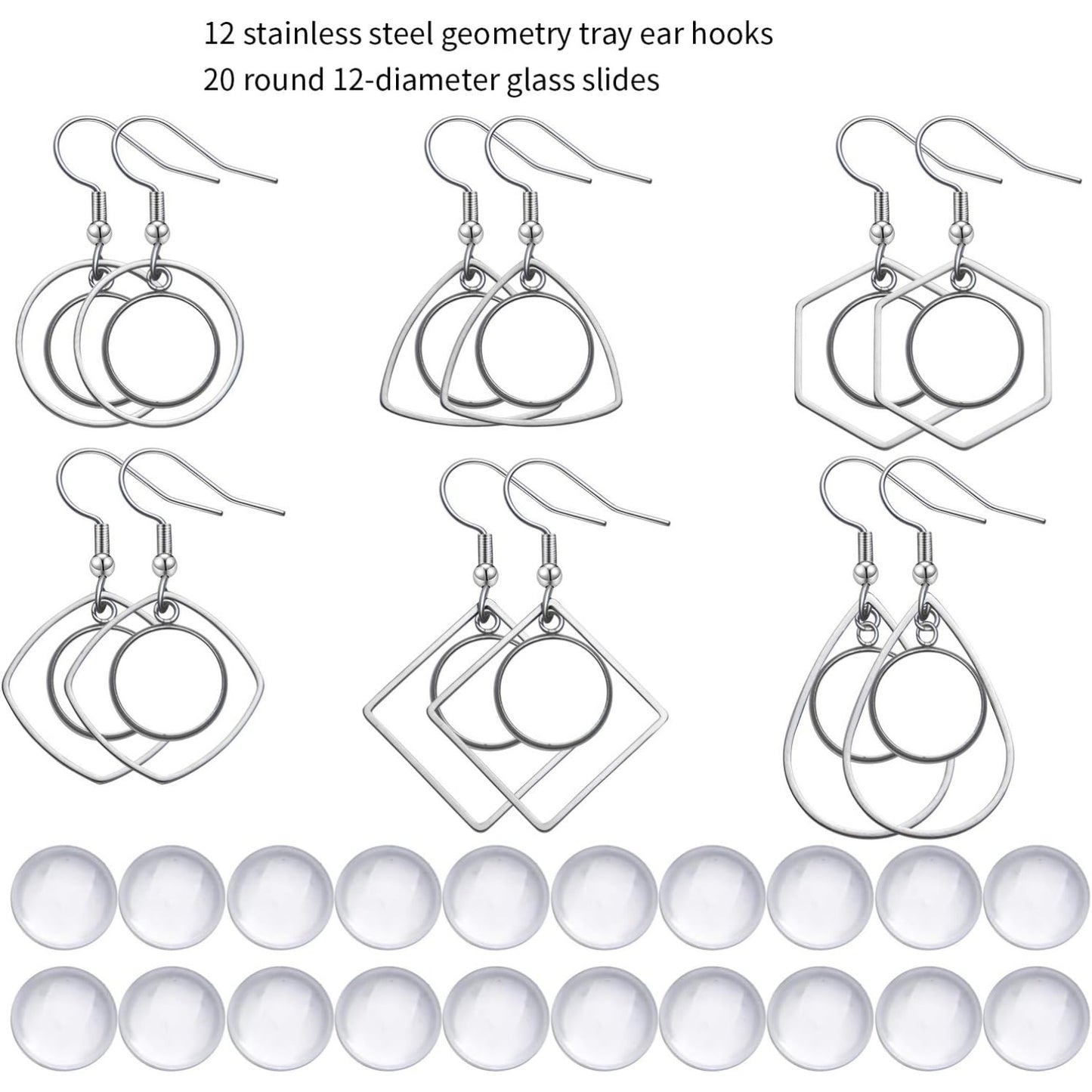 Earring Bezel Trays, 12pcs 12mm Stainless Steel Earring Bezel with Earring Blank Tray Wire Hooks Setting with 20pcs 12mm Clear Glass Cabochons for Jewelry Making DIY Craft