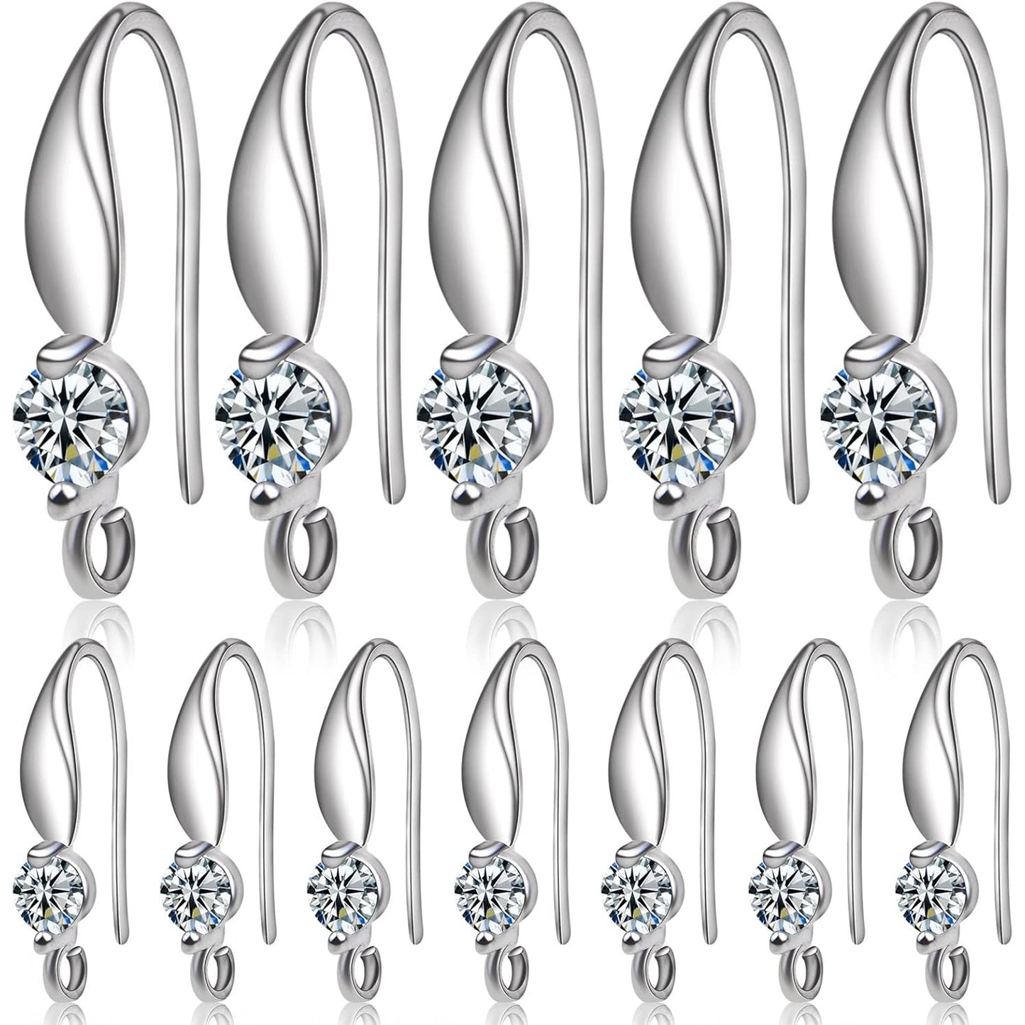 12pcs Silver Plated Rhinestone Earring Hooks Brass Ear Wire Fish Hooks with Open Loop Round Rhinestone Earring Components for Women DIY Earrings Jewelry Making