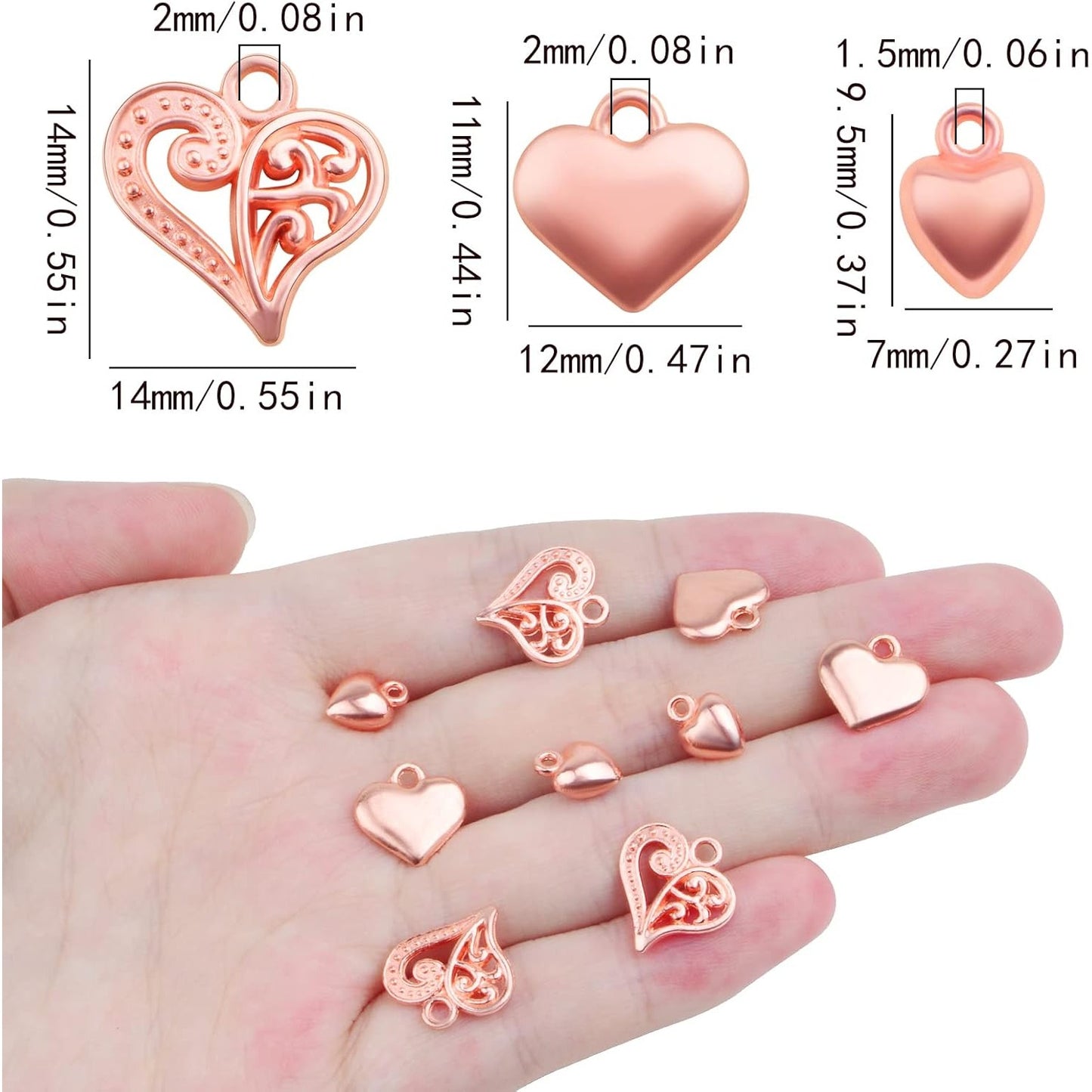 90pcs Rose Golden Heart Shaped Charms Alloy Hollow Polished Puff Love Heart Drop Pendants Craft Supplies for DIY Necklace Earrings Jewelry Making Decoration Gifts, 3 Styles