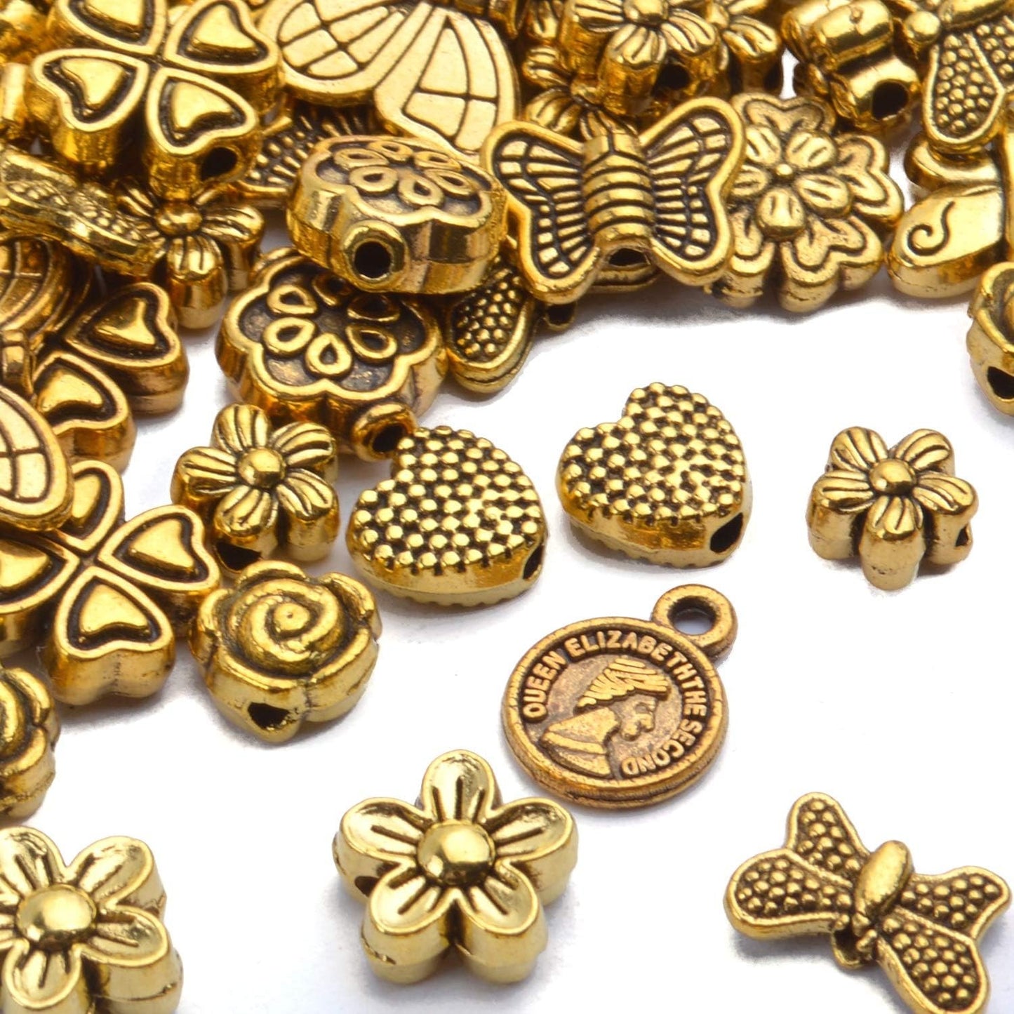 100 Gram(About 130-170pcs) Antique Gold Alloy Heart Butterfly Flower Beads Charm Bead Spacers Jewelry Findings Accessories for Bracelet Necklace Jewelry Making