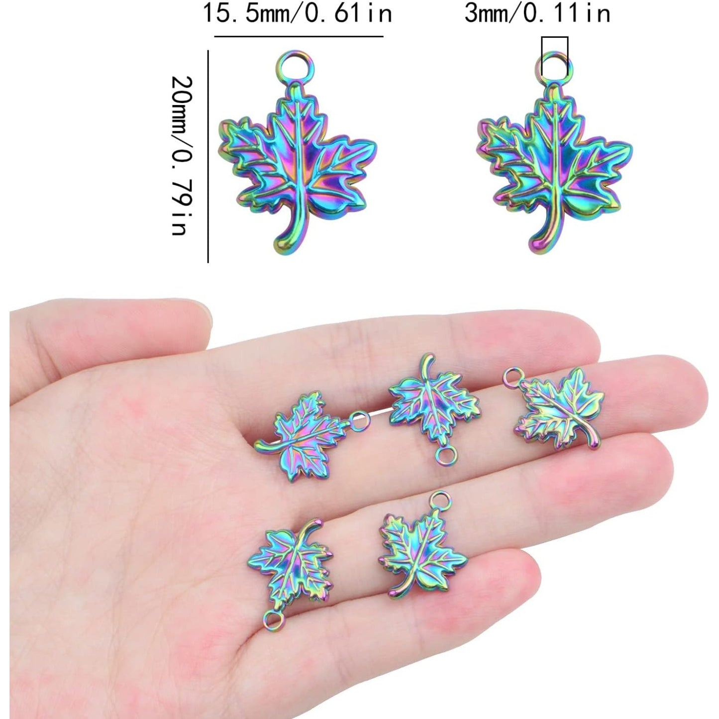 10pcs Stainless Steel Fall Charms Hypoallergenic Maple Leaf Pendants Autumn Leaf Dangle Charms for DIY Bracelet Necklace Jewelry Making Thanksgiving Gift, Rainbow Color