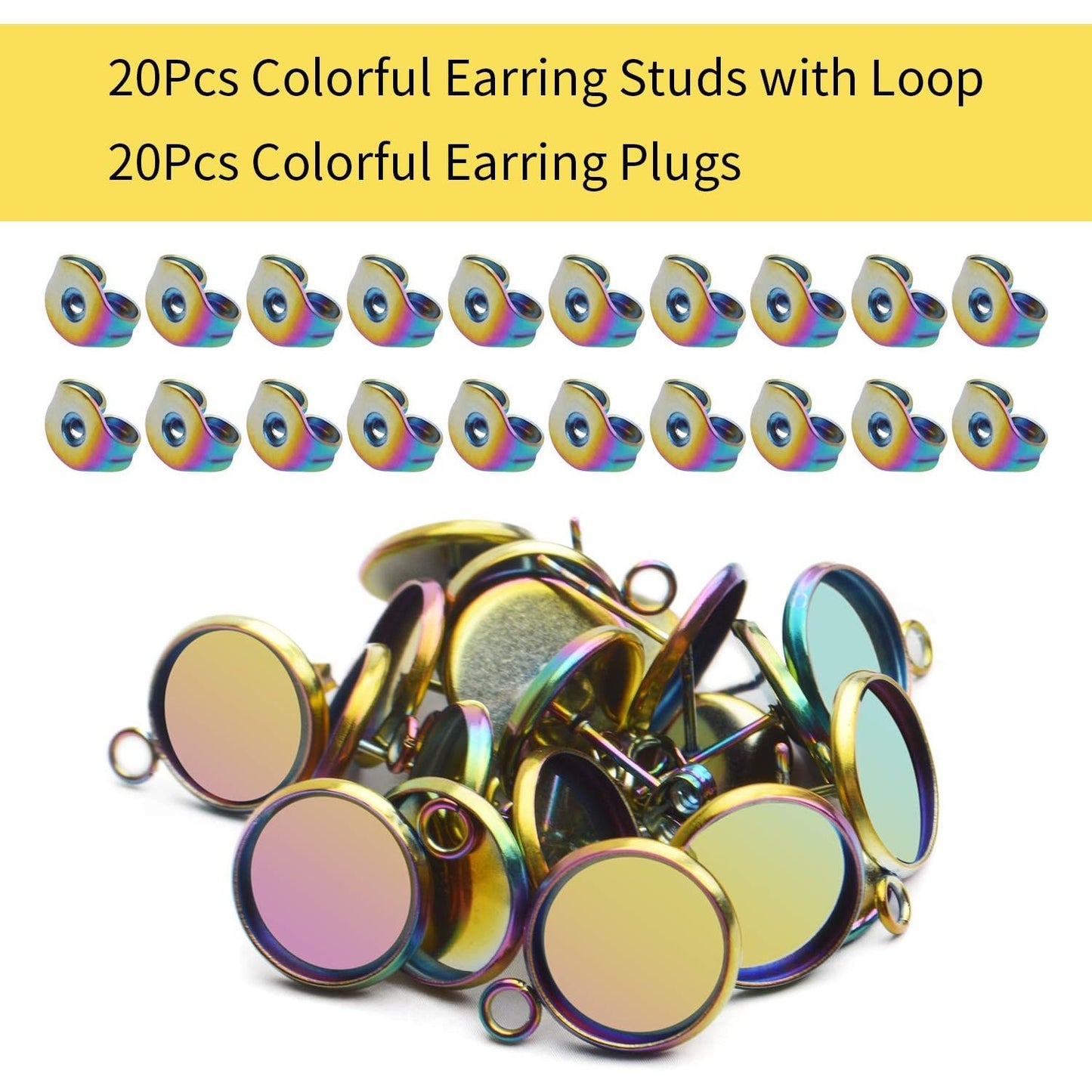 Earring Studs, 20Pcs Earring with Loop Stainless Steel Studs Earrings Cabochon and 20Pcs Butterfly Earring Backs Setting Post Tray Base for DIY Earring(fit for 12mm)