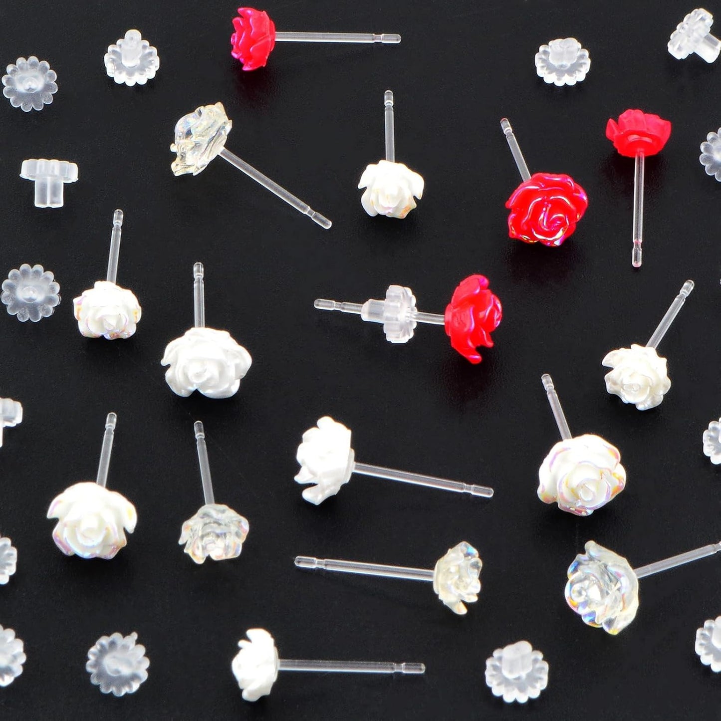 8 Pairs 4 Colors Resin Rose Flower Stud Earrings Romantic Rose Shaped Earring Pin Posts with Soft Earring Backs for Sensitive Ears DIY Jewelry Making Supplies, 6 mm/8 mm