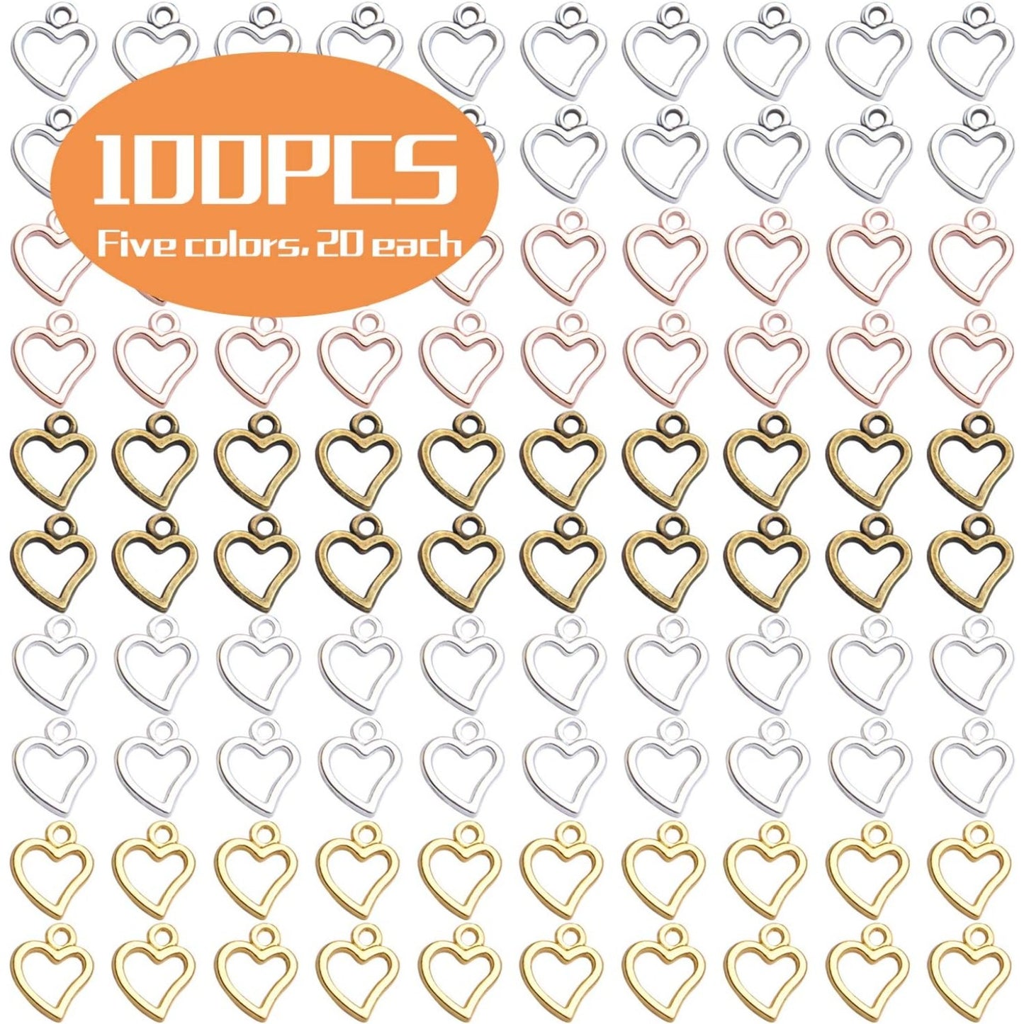 Heart Pendant Charms, 100 Pcs Tibetan Hollow Heart Shape Charms Alloy Love Pendants for Jewelry Making Crafting, Golden, Rose Golden, Antique Silver, Bright Silver and Antique Bronze