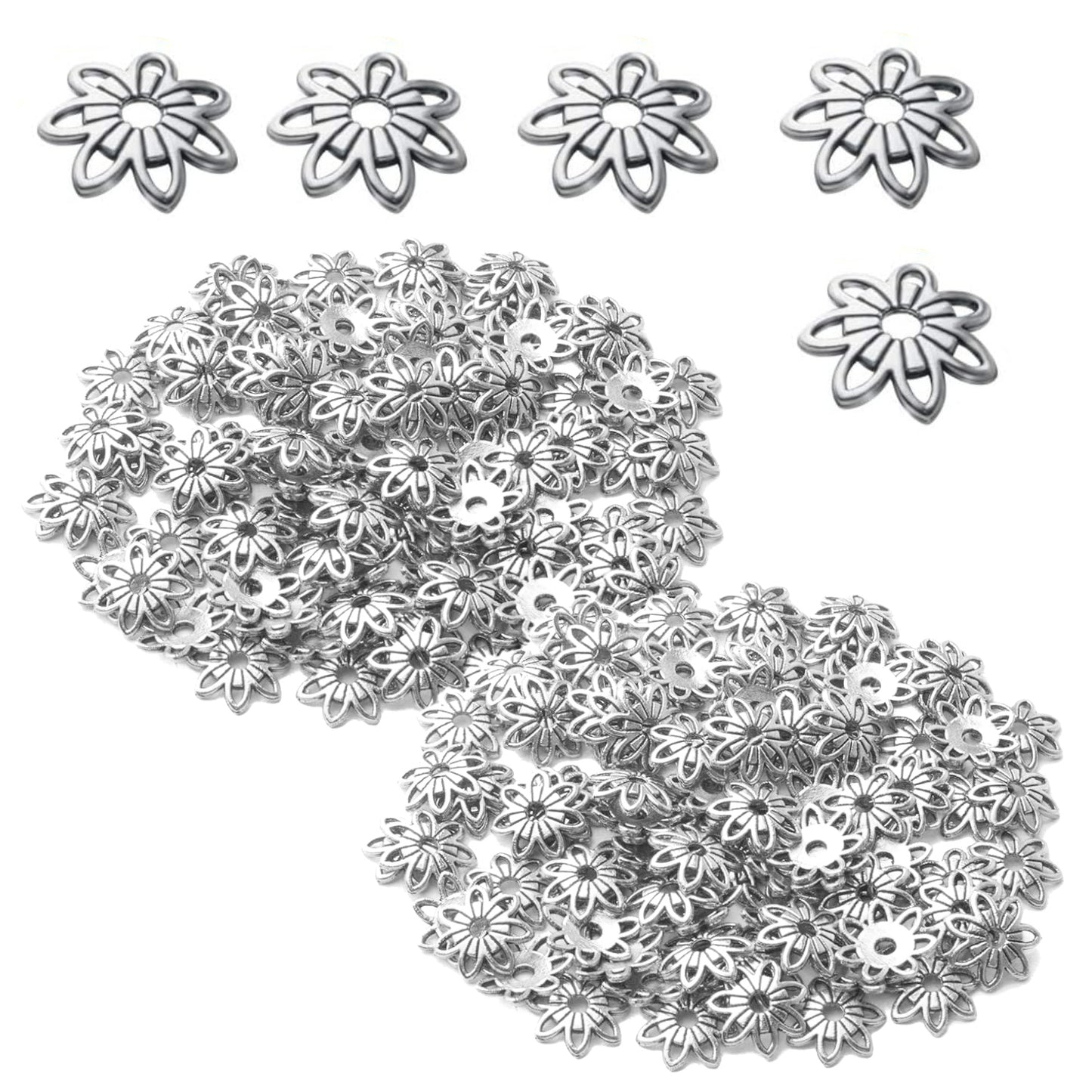200pcs 10mm Filigree Flower Bead Caps, Alloy, Antique Gold & Silver, DIY Bracelet Earring Jewelry Making