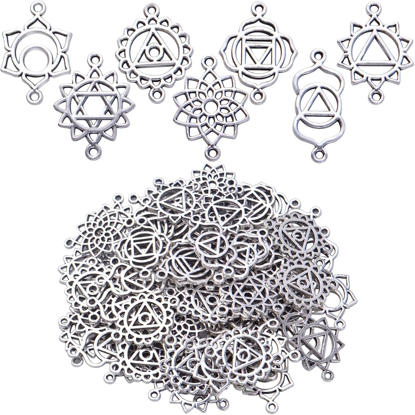 70pcs Antique Silver Chakra Energy Charms Connectors Tibetan Alloy Hollow Flower Chakra Pendants Charms Craft Supplies for DIY Bracelet Necklace Earring Jewelry Making Accessories, 7 Styles