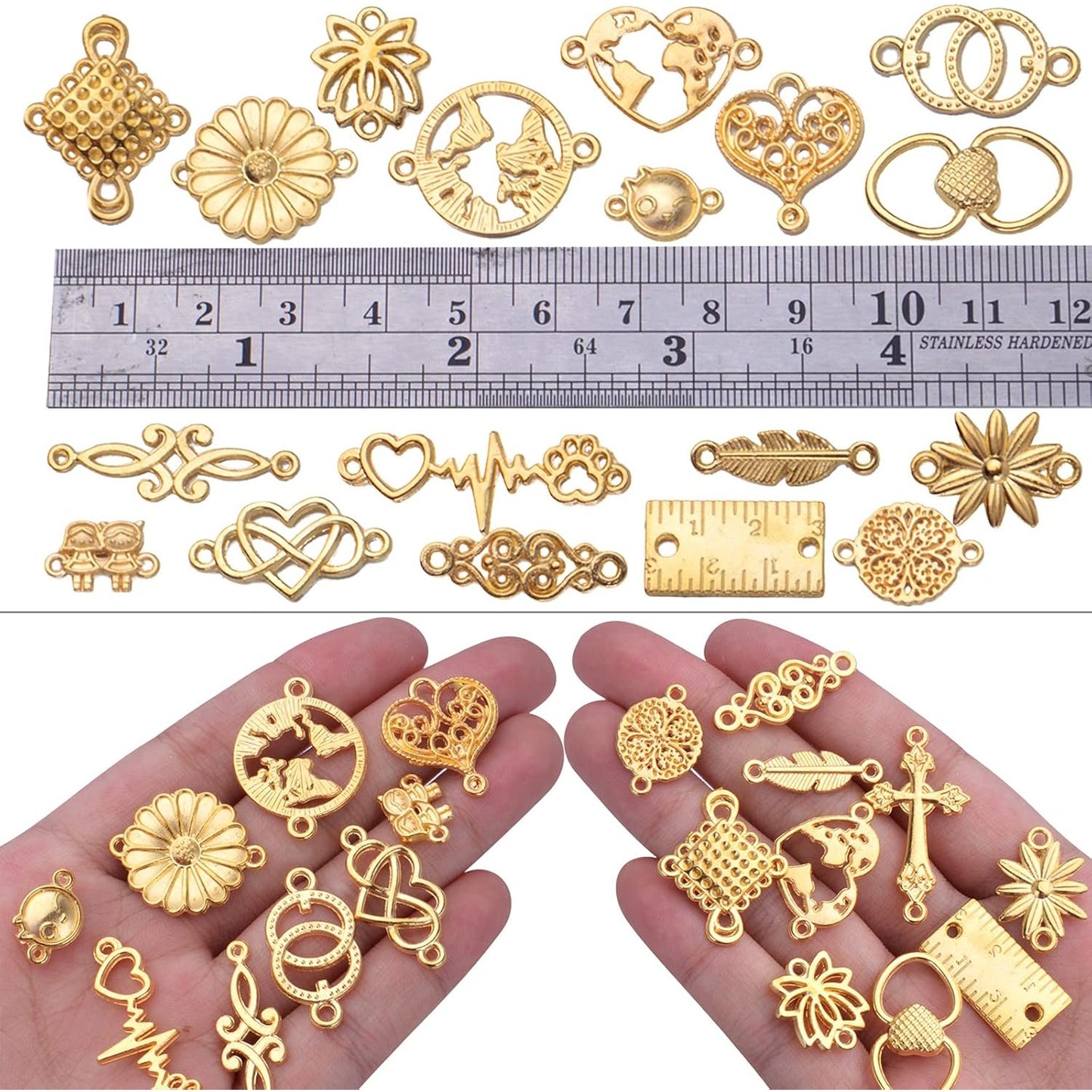 100g Gold Plated Jewelry Charms Connectors, Flower Leaf Heart Round Ruler Charm Pendant Connectors Bracelet Charm Connector for DIY Jewelry Making Accessory