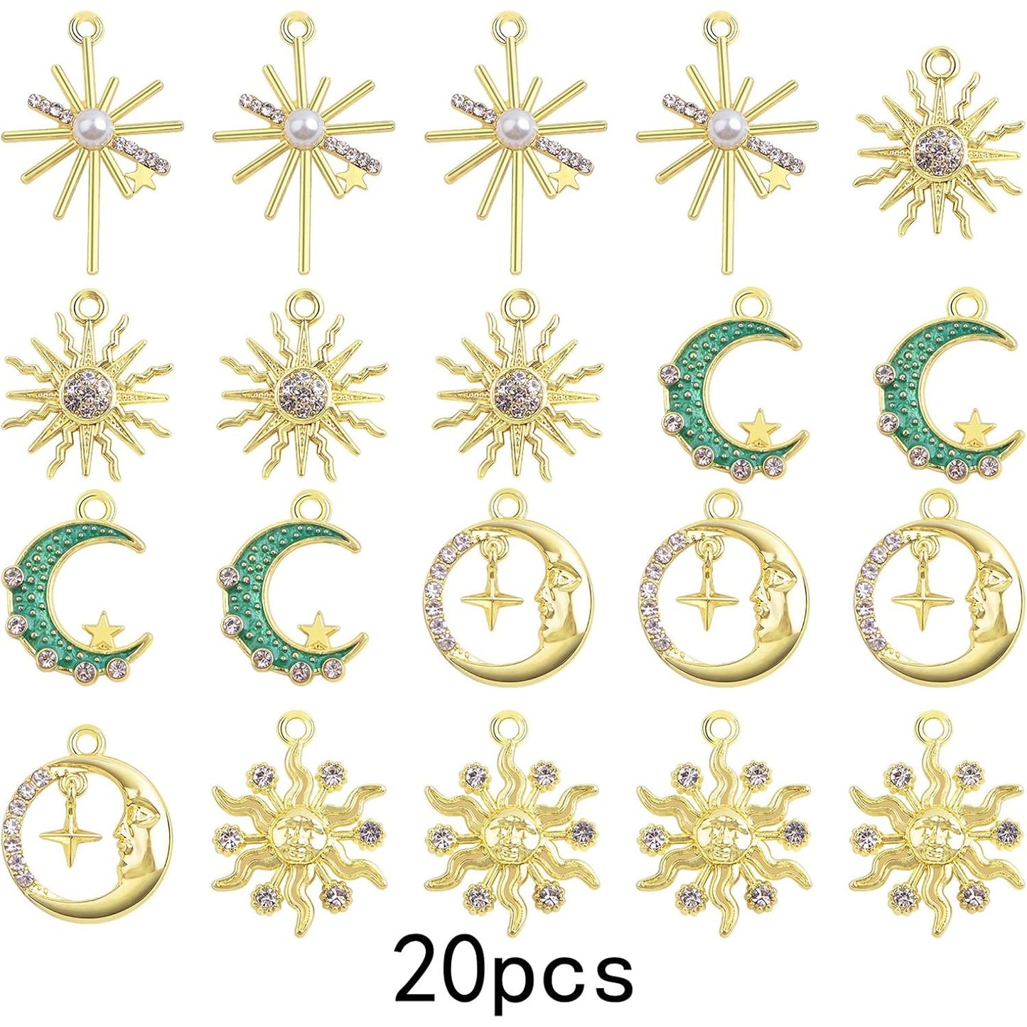 20pcs KC Golden Plated Enamel Crescent Moon Star Charms with Rhinestone Alloy Crystal Celestial Moon Dangle Pendants for DIY Necklaces Earrings Jewelry Making Decor, 5 Styles