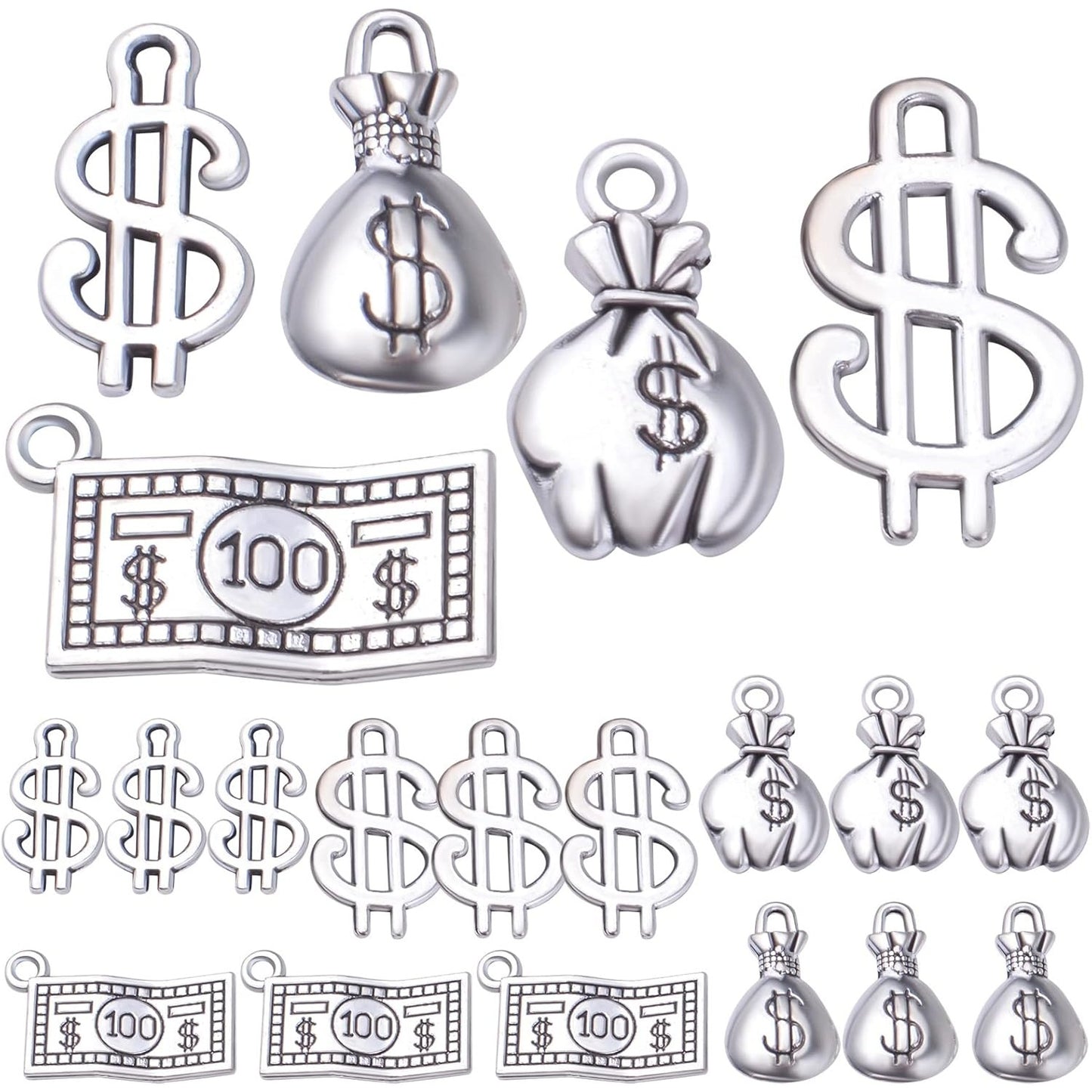 50pcs Antique Silver Dollar Sign Charms Tibetan Alloy Money Bag Pendants 100 Dollars Bill Charms for DIY Bracelets Necklace Jewelry Making Handmade Decoration, 5 Styles