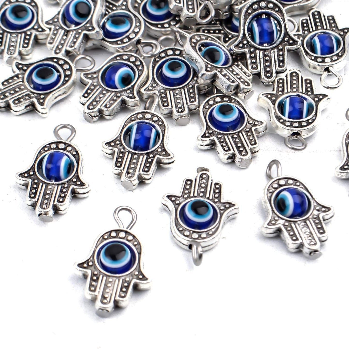 Hamsa Hand Beads Frame Charms,30 Pieces of Hamsa Evil Eye Pendant Hand of Fatima Symbol Charms Jewelry Making Findings for DIY Necklace Bracelet(Gold & Silver & Bronze)