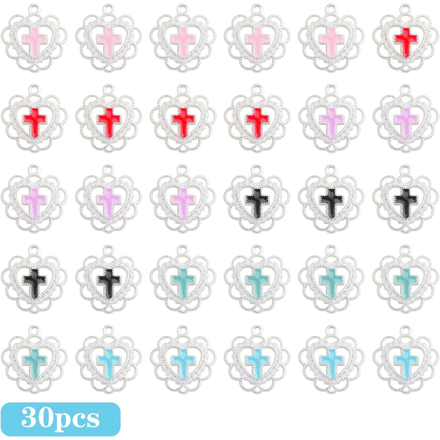 30pcs Heart Shape Enamel Lace Cross Charms Hollow Alloy Love Cross Crucifix Dangle Pendants for DIY Crafts Jewelry Making, 6 Colors