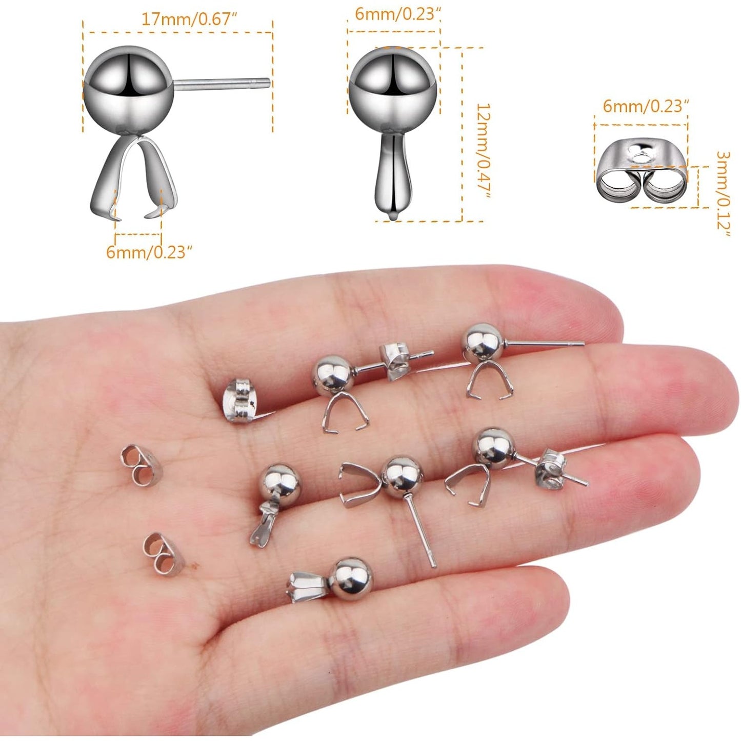 30pcs Stainless Steel Ball Post Earring Studs with Pendant Claps Round Ball Earring Posts and 30pcs Butterfly Earring Backs Set for DIY Jewelry Making Supplies