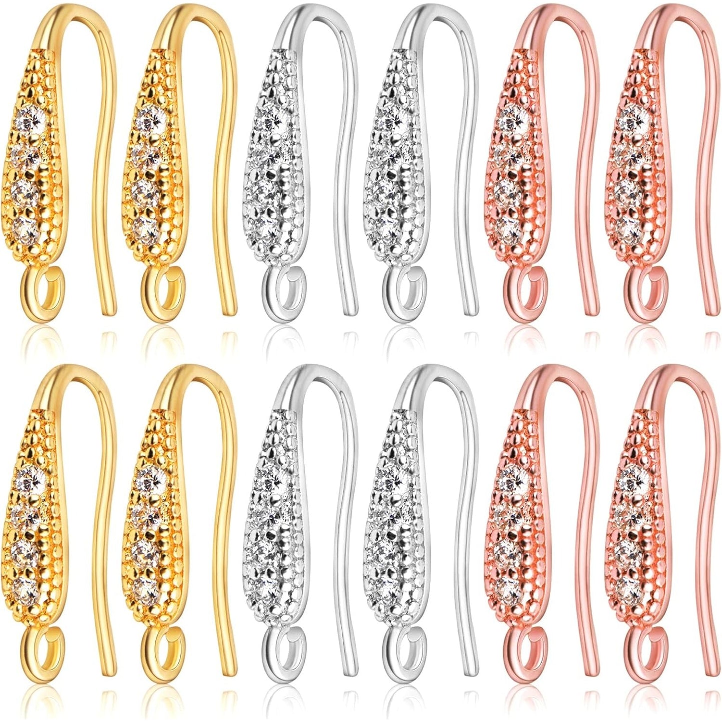 12pcs Cubic Zirconia Earring Hooks Hypoallergenic Brass French Ear Wire Fish Hooks Rhinestone Earrings with Loop for DIY Dangle Earrings Jewelry Making, 3 Colors