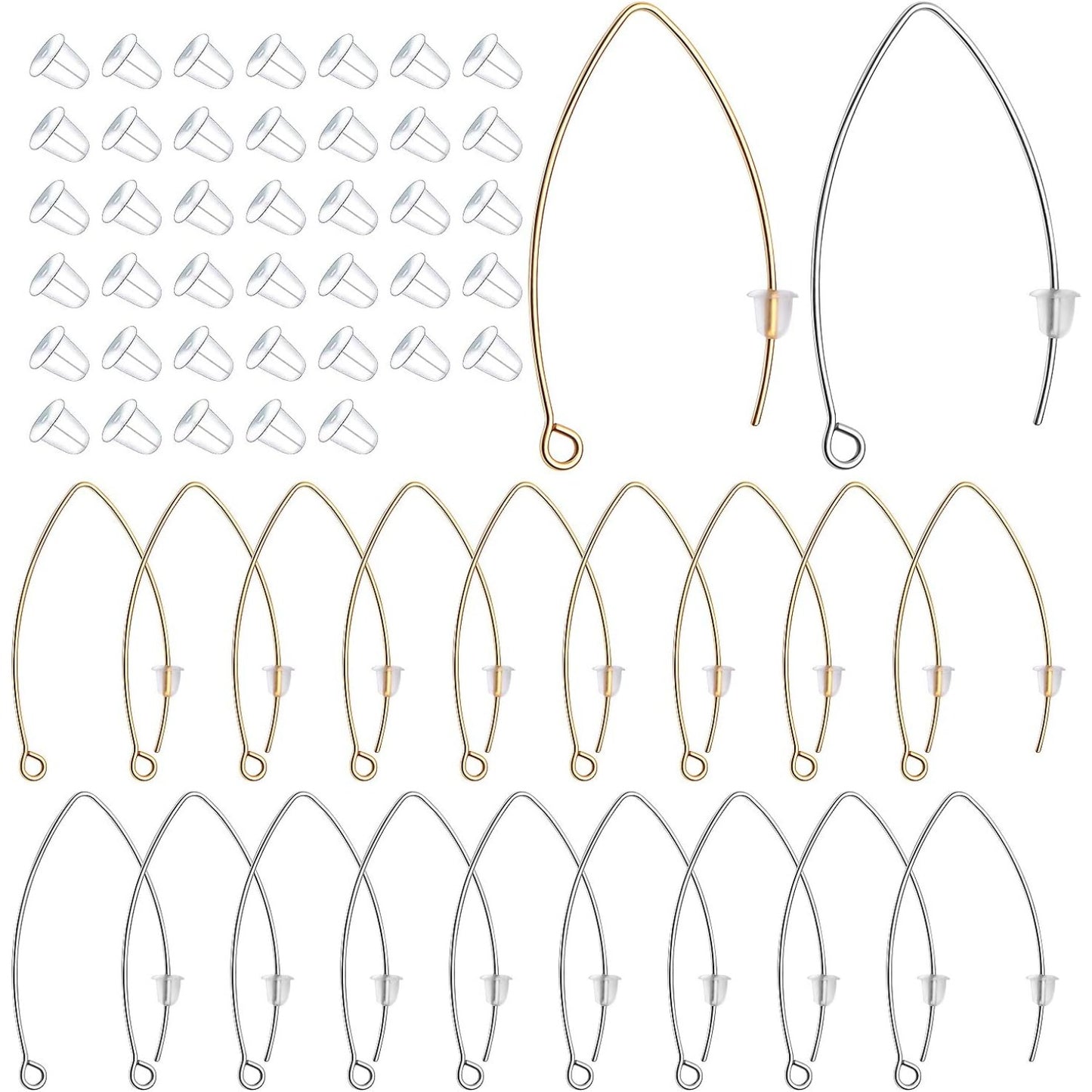 40pcs Stainless Steel Ear Wire V-Shaped Earring Hooks Hypoallergenic Earring Hooks Components and 40pcs Clear Ear Backs for DIY Dangle Earrings Jewelry Making, Silver