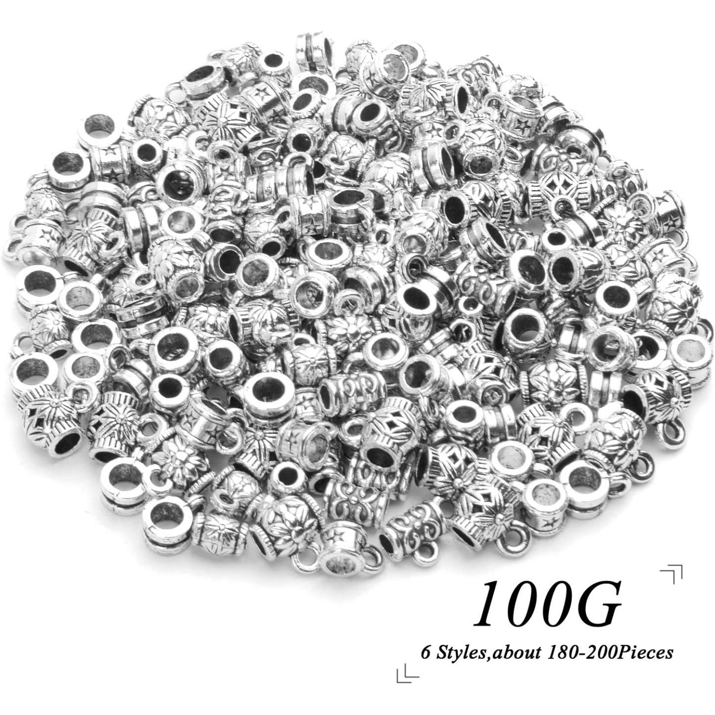 100g (120-220pcs) Tibetan Silver Bail Beads Jewelry Connector Bails Beads for Necklace Bracelet Jewelry Making,6 Styles