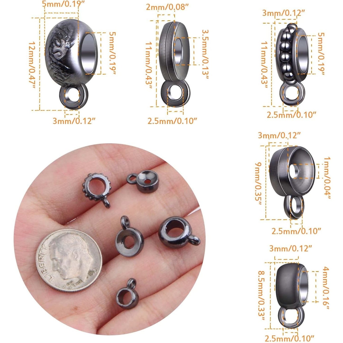 100 Gram Gun Black Bail Tube Beads Alloy Bail Beads Connectors Tibetan Tube Spacer Bead Hanger Links for DIY European Bracelet Charm Jewelry Crafts Making, 5 Styles