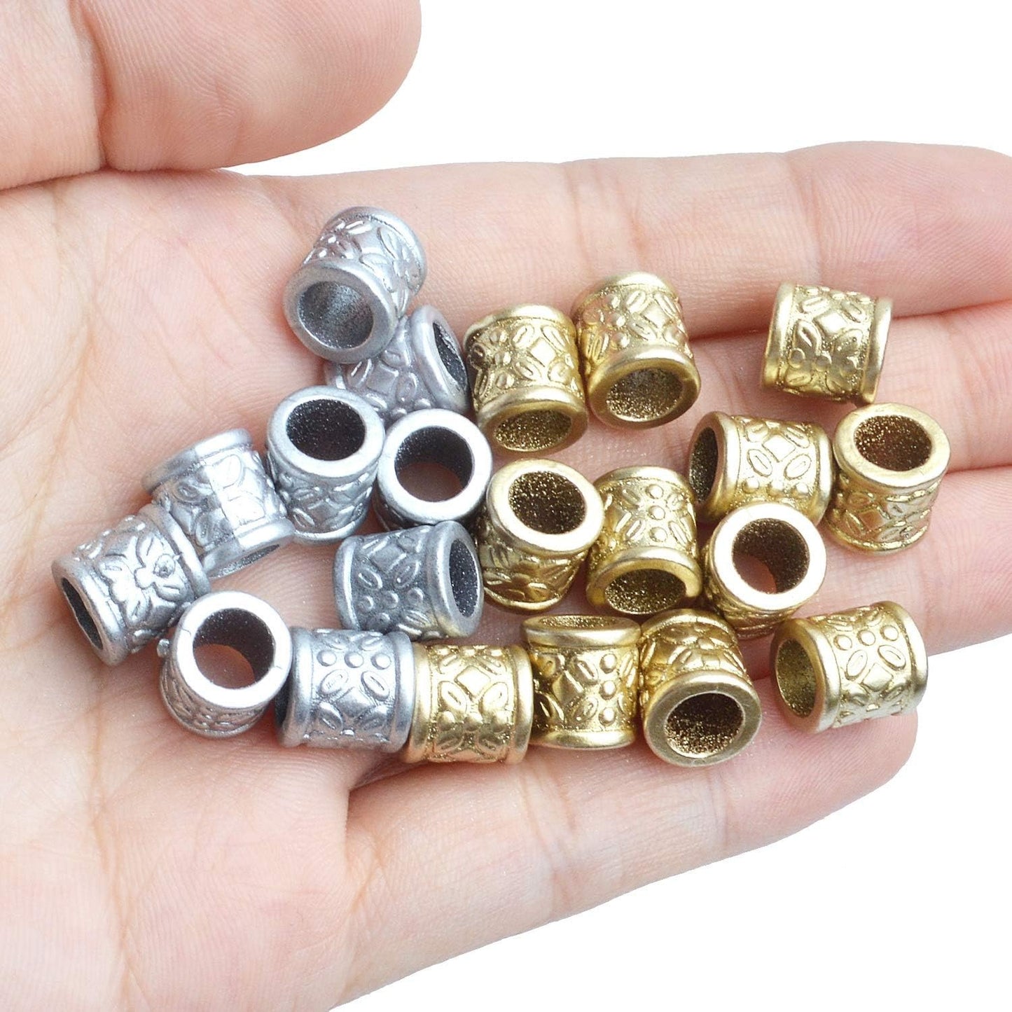 Hair Tube Beads,100pcs Golden and Silver Hair Dreadlock Beads Plastic Braid DIY Beads Large Hole Beads for Men Women Hair Beard Moustache Decoration,9x9x6mm