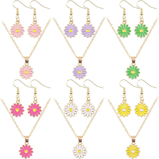 6 Sets Colorful Enamel Daizy Flower Pendant Necklaces Alloy Cute Flower-shaped Charms Y Necklaces with Earring Hooks for DIY Earrings Jewelry Making Decoration Gifts