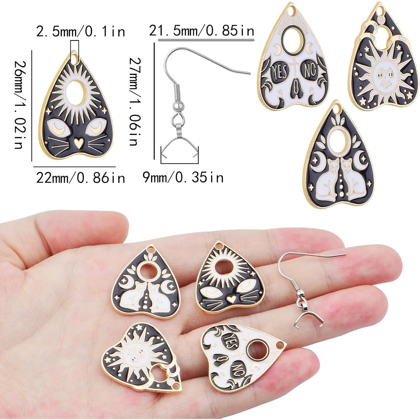 4 Styles Alloy Love Heart Gothic Style Cat Charms Black White Enamel Cute Heart Kitty Sun Eye Pendants and 8pcs Silver Earring Hooks with Pendant Clasps for DIY Earrings Jewelry Making