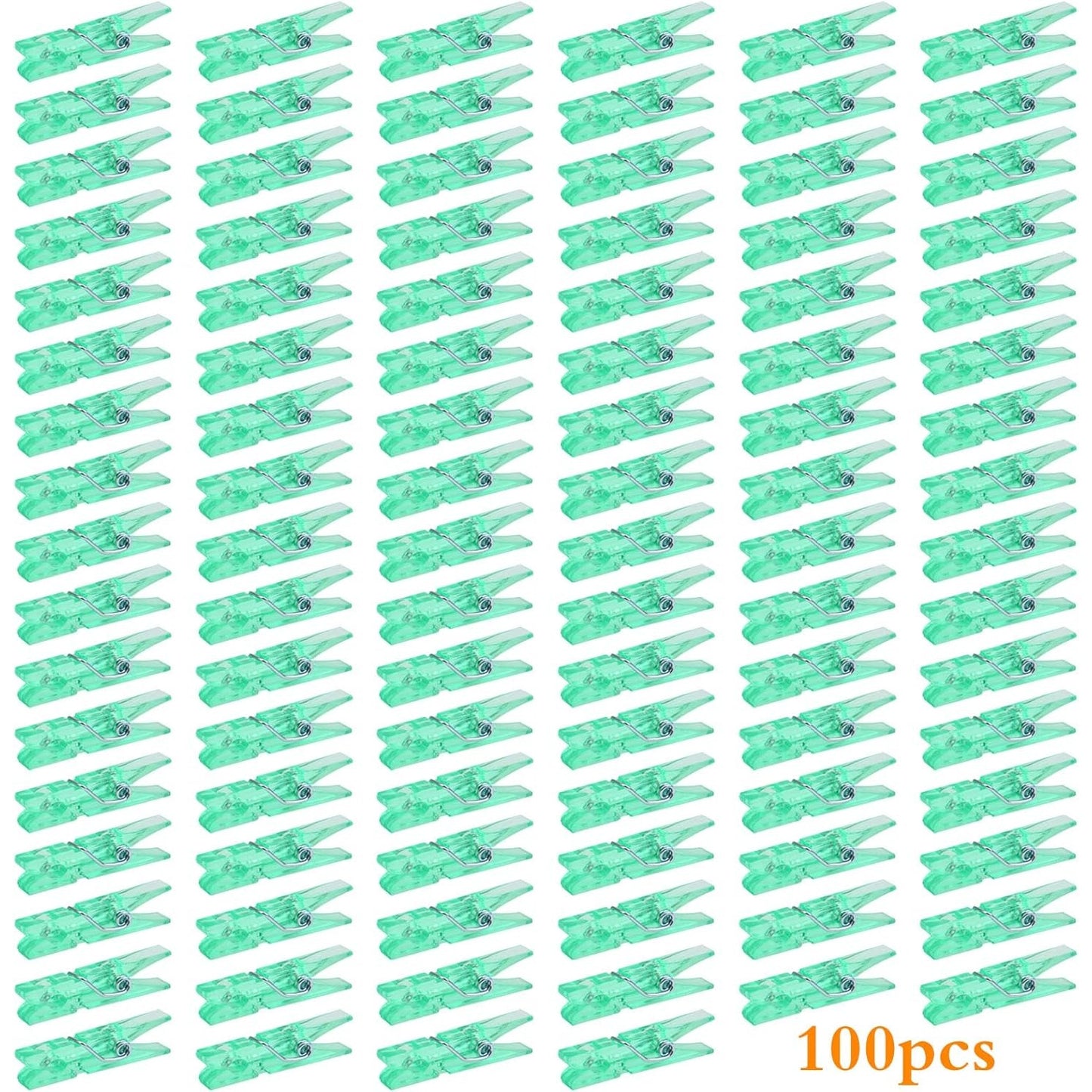 100pcs Green Plastic Clothespins Mini Clear Clips Hanging Pictures Paper Peg Pins for DIY Arts Crafts and Wedding Party Photo Holder Card Decoration, 34 x 7 x 5 mm