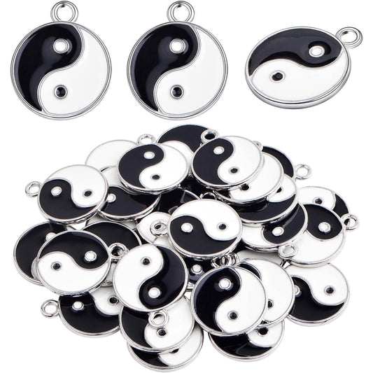 30pcs Black/White Yin Yang Charms Alloy Enamel Tai Chi Yin Yang Ba Gua Dangle Pendants Craft Accessories for DIY Necklace Bracelet Jewelry Making Findings