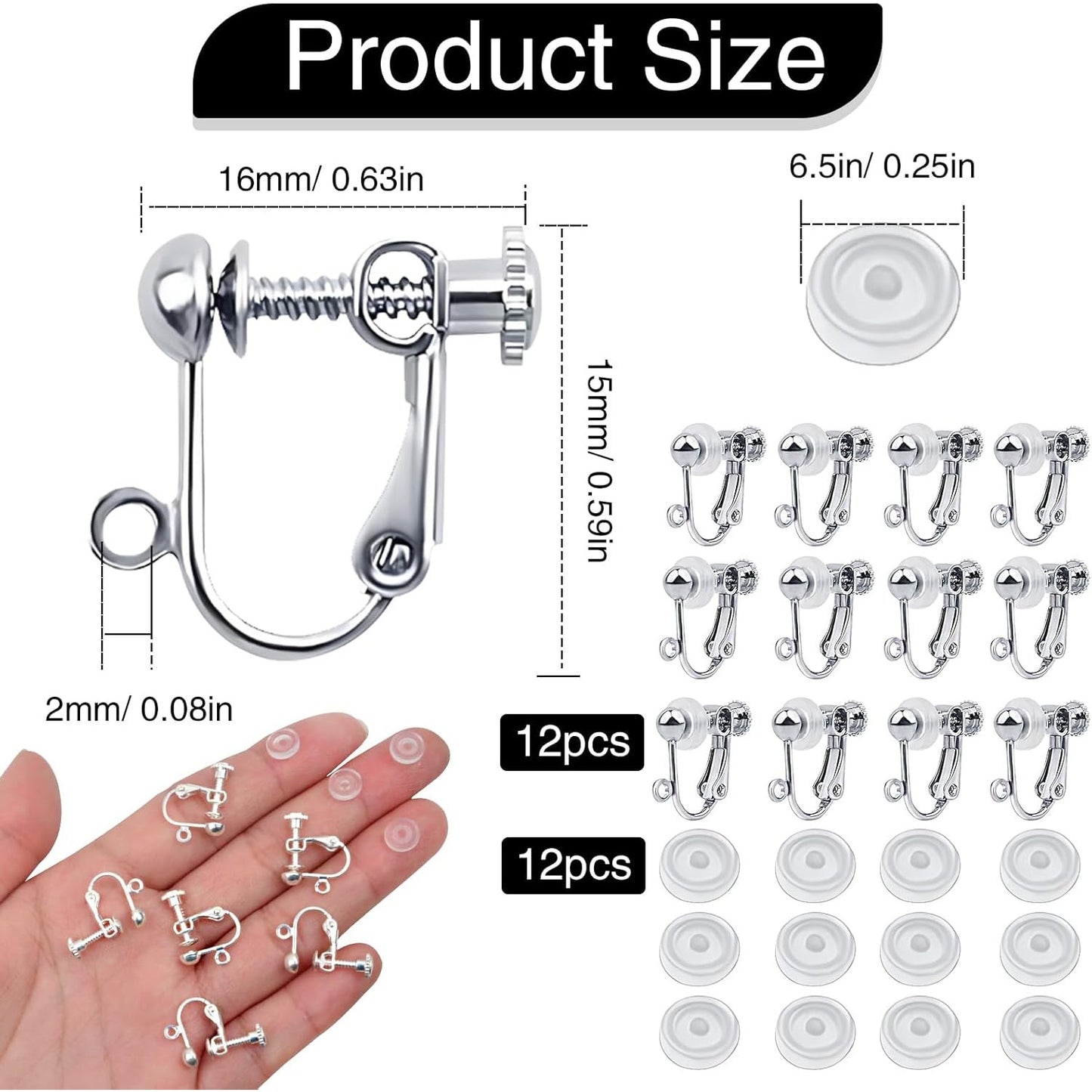 12pcs Sterling Silver Plated Clip-on Earring Converters Brass Screw Back Non Pierced Ear Clips Components with Loop and 12pcs Anti-Pain Pads for DIY Earrings Jewelry Making