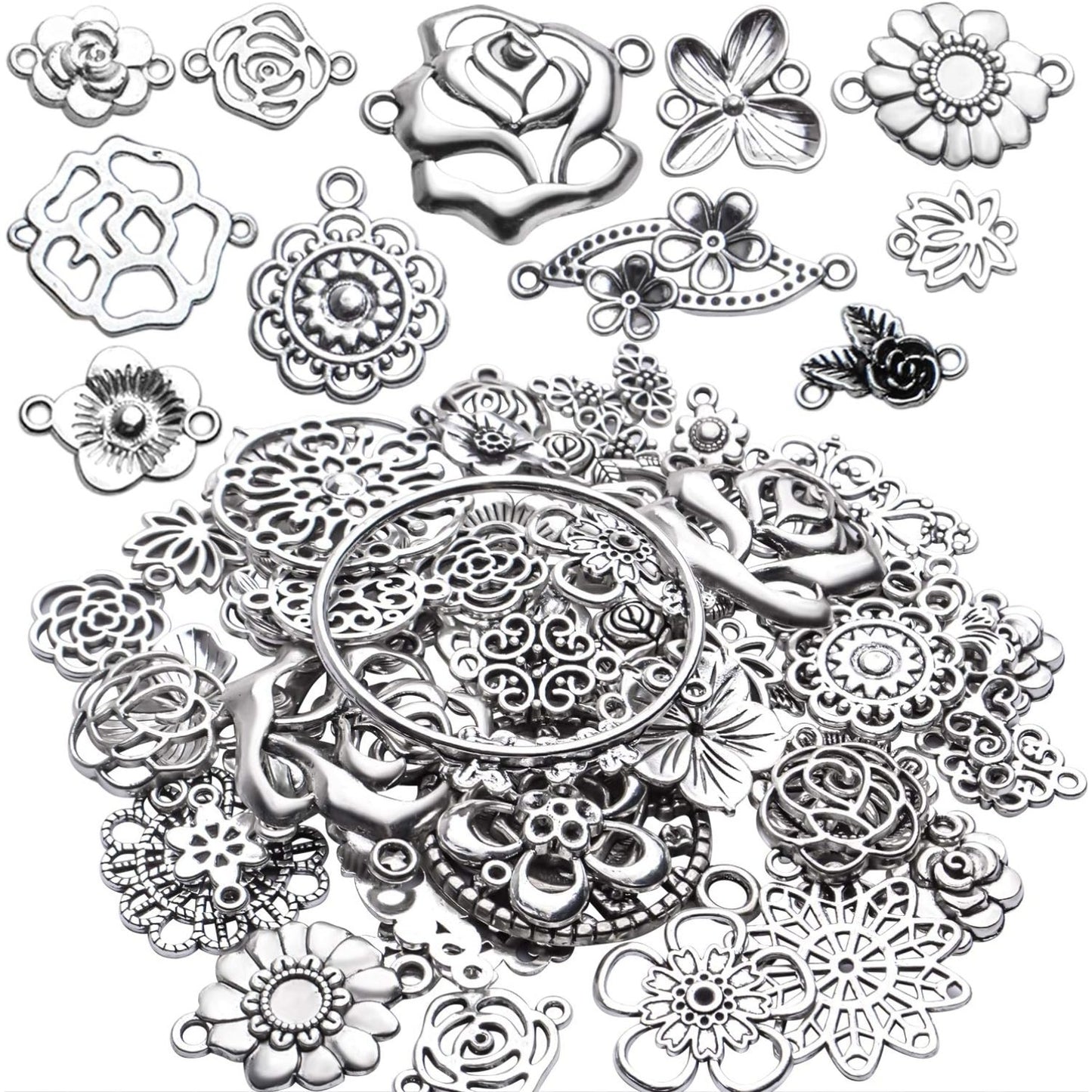 Antique Silver Flower Jewelry Connectors - Tibetan Filigree Charms for Earrings, Bracelets & Necklaces