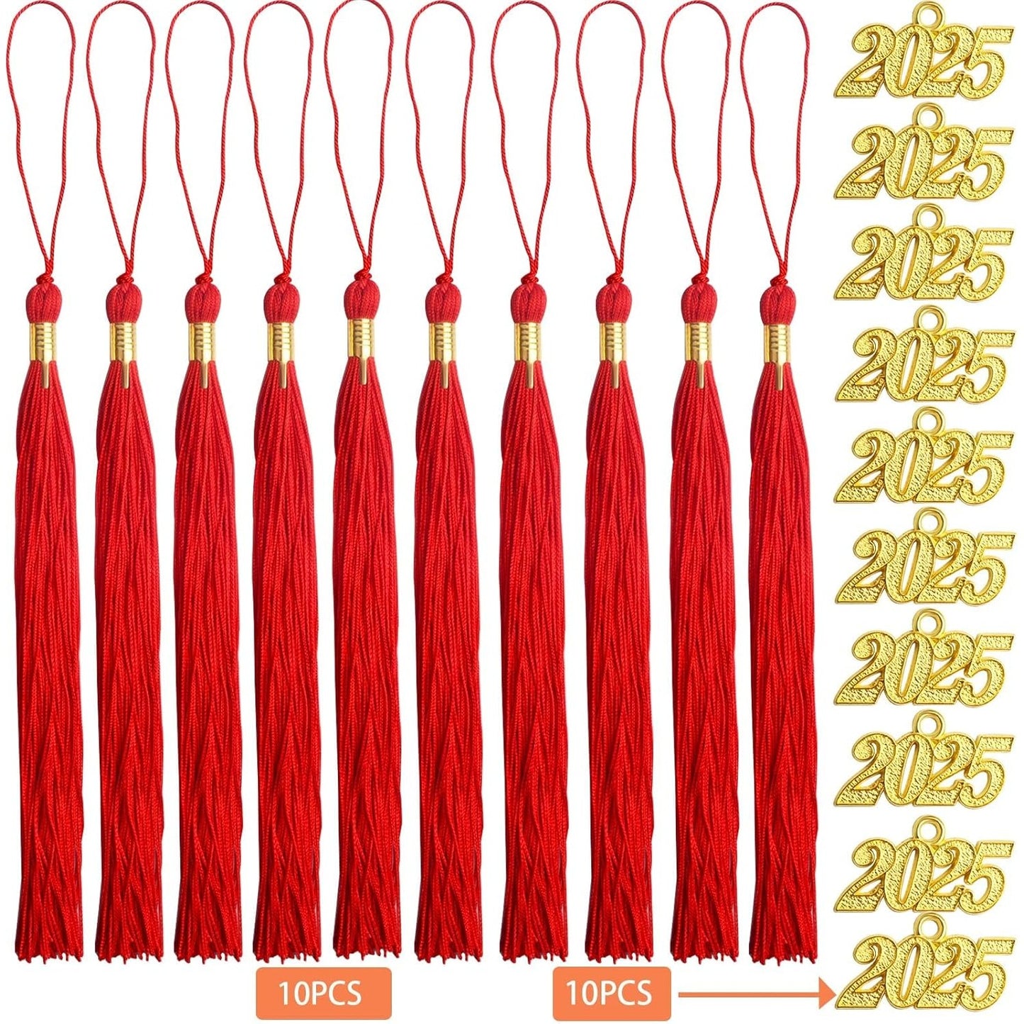 10pcs Graduation Tassels Red Handmade Tassel Grad Cap Decorations with 10pcs Golden 2025 Year Date Charms for 2025 Graduates Graduation Hats Ceremonies Parties Celebrations