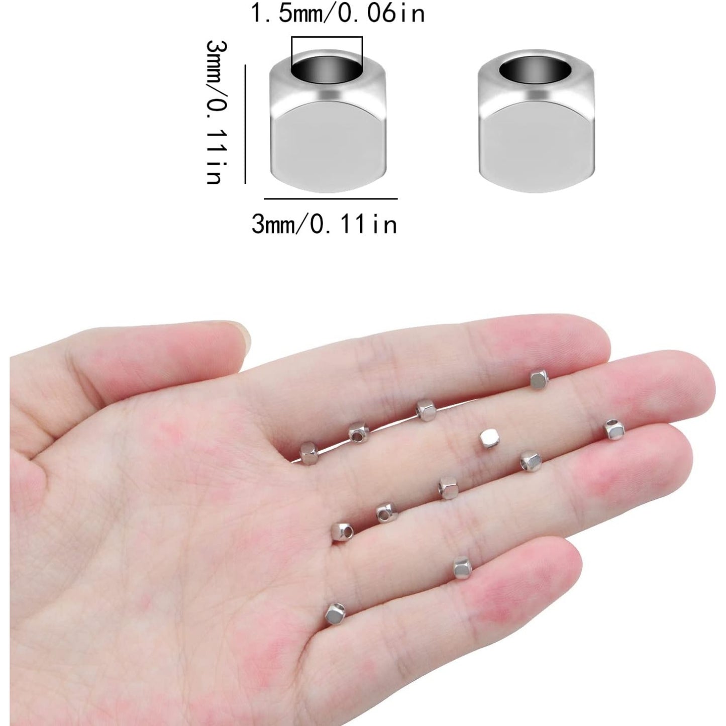 100pcs 3 mm Stainless Steel Cube Spacer Beads Tiny Slide Square Spacer Beads Smooth Handicraft Loose Beads for DIY Bracelet Necklace Earrings Jewelry Making, Hole: 1.5 mm