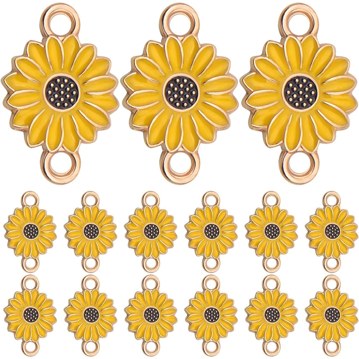 30pcs Enamel Flower Charms Connectors Links Yellow Alloy Floral Sunflower Daisy Flower Dangle Pendants with Double Loops for DIY Bracelet Earring Necklace Jewelry Making