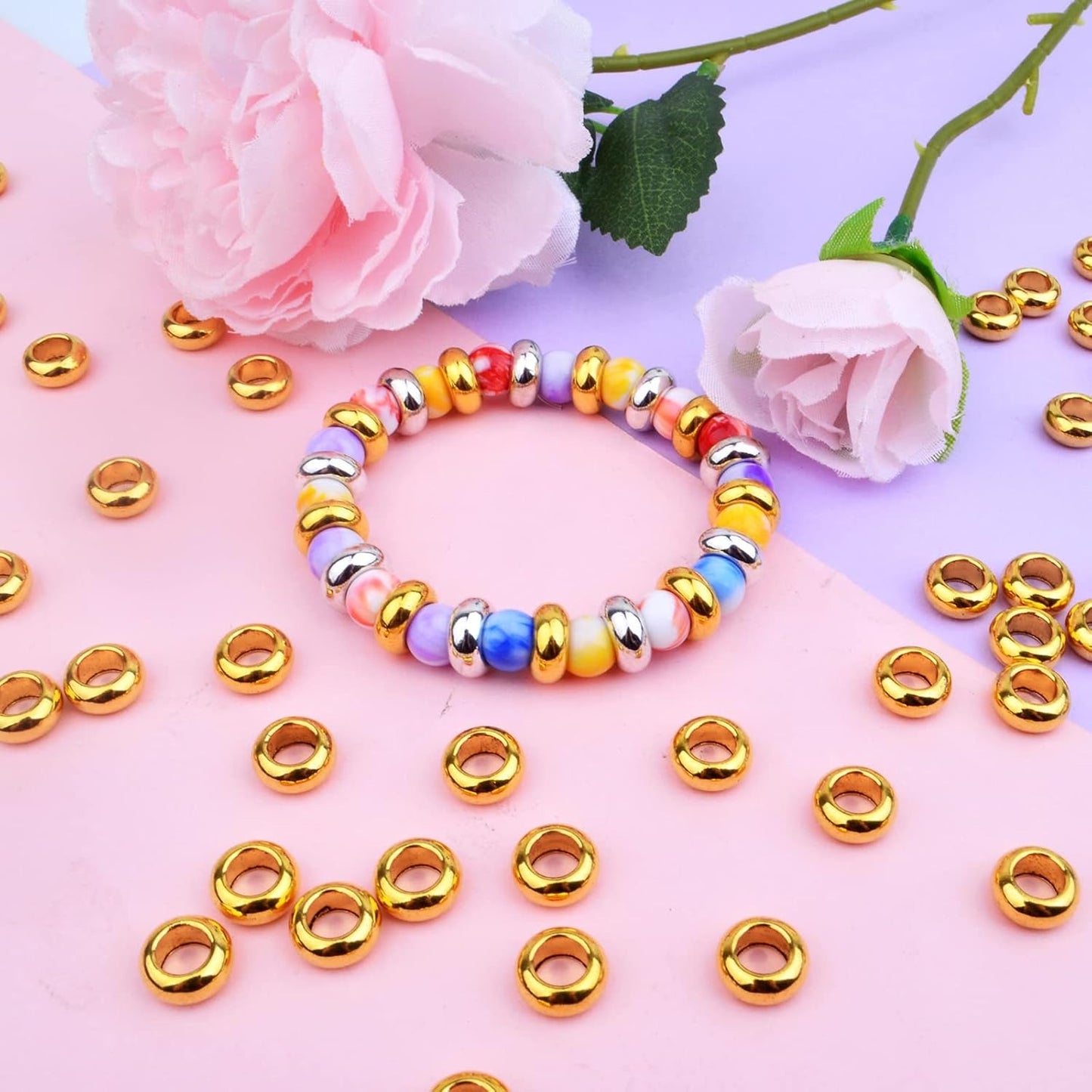 60pcs Rondelle Large Hole Spacer Beads Tibetan European Spacer Loose Hole Metal Beads for Necklace Bracelet Jewelry Making,10×6×5mm