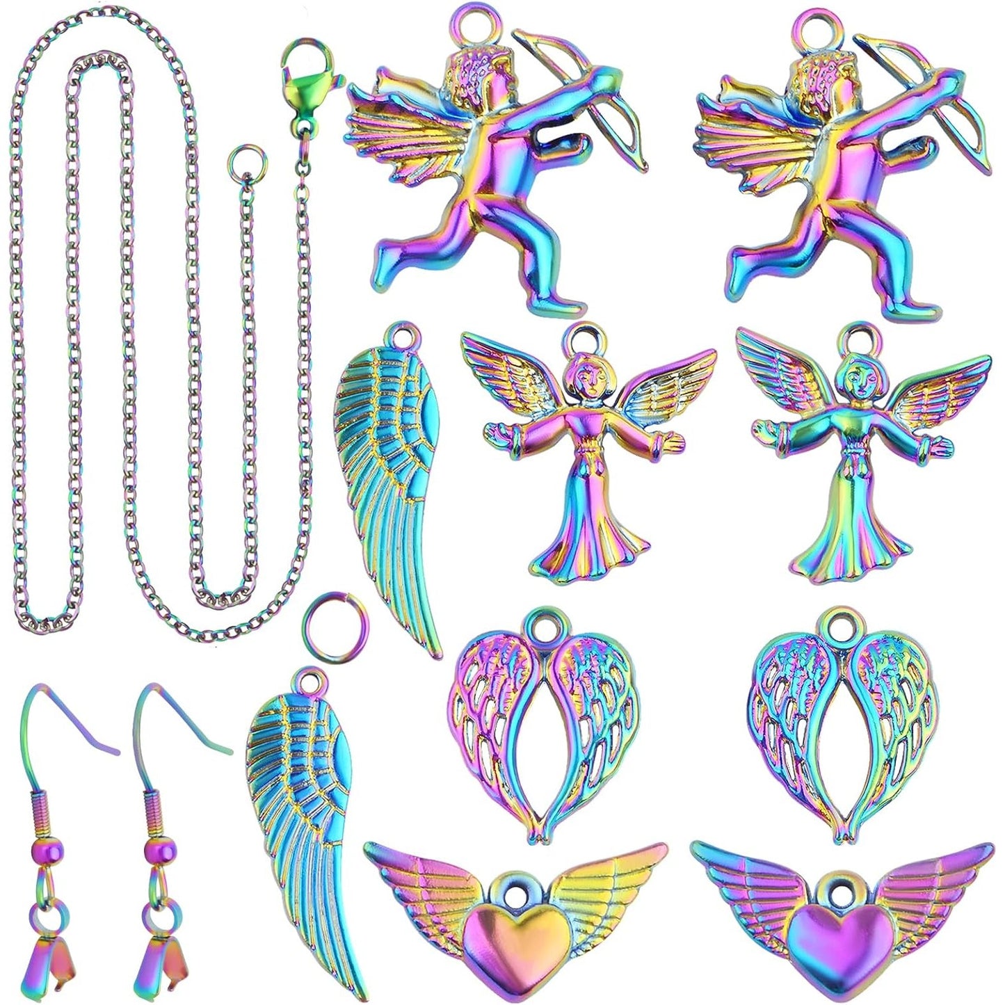 10pcs 5 Styles Angel Theme Charms Alloy Angel Wings Pendants, 2pcs French Earring Hooks and 1pcs Pendant Necklace for DIY Dangle Earrings Jewelry Making Supplies, Rainbow Color