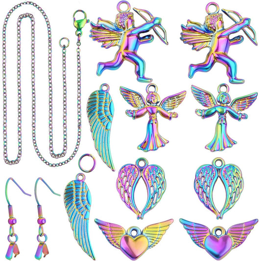 10pcs 5 Styles Angel Theme Charms Alloy Angel Wings Pendants, 2pcs French Earring Hooks and 1pcs Pendant Necklace for DIY Dangle Earrings Jewelry Making Supplies, Rainbow Color